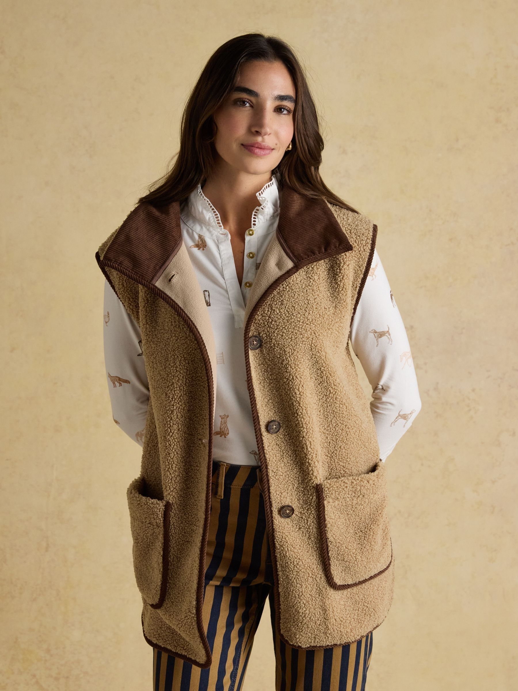 Sadie Taupe Longline Button Through Fleece Gilet - Image 4 of 9