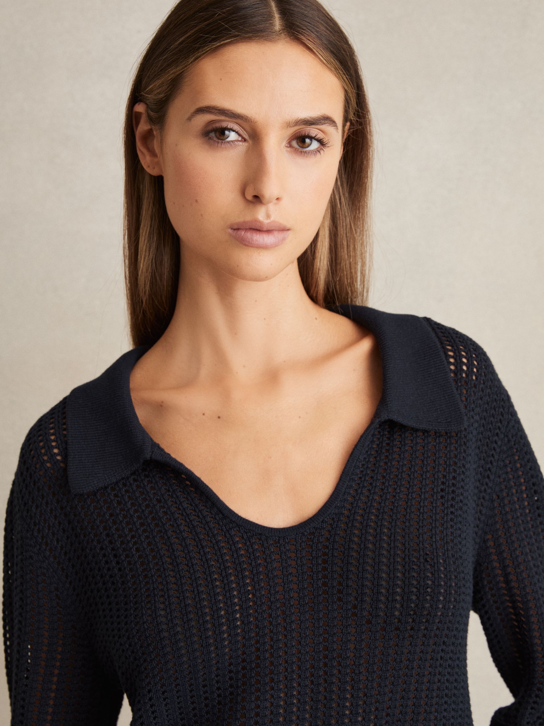 Cotton Blend Open Collar Jumper in Navy - Image 4 of 7