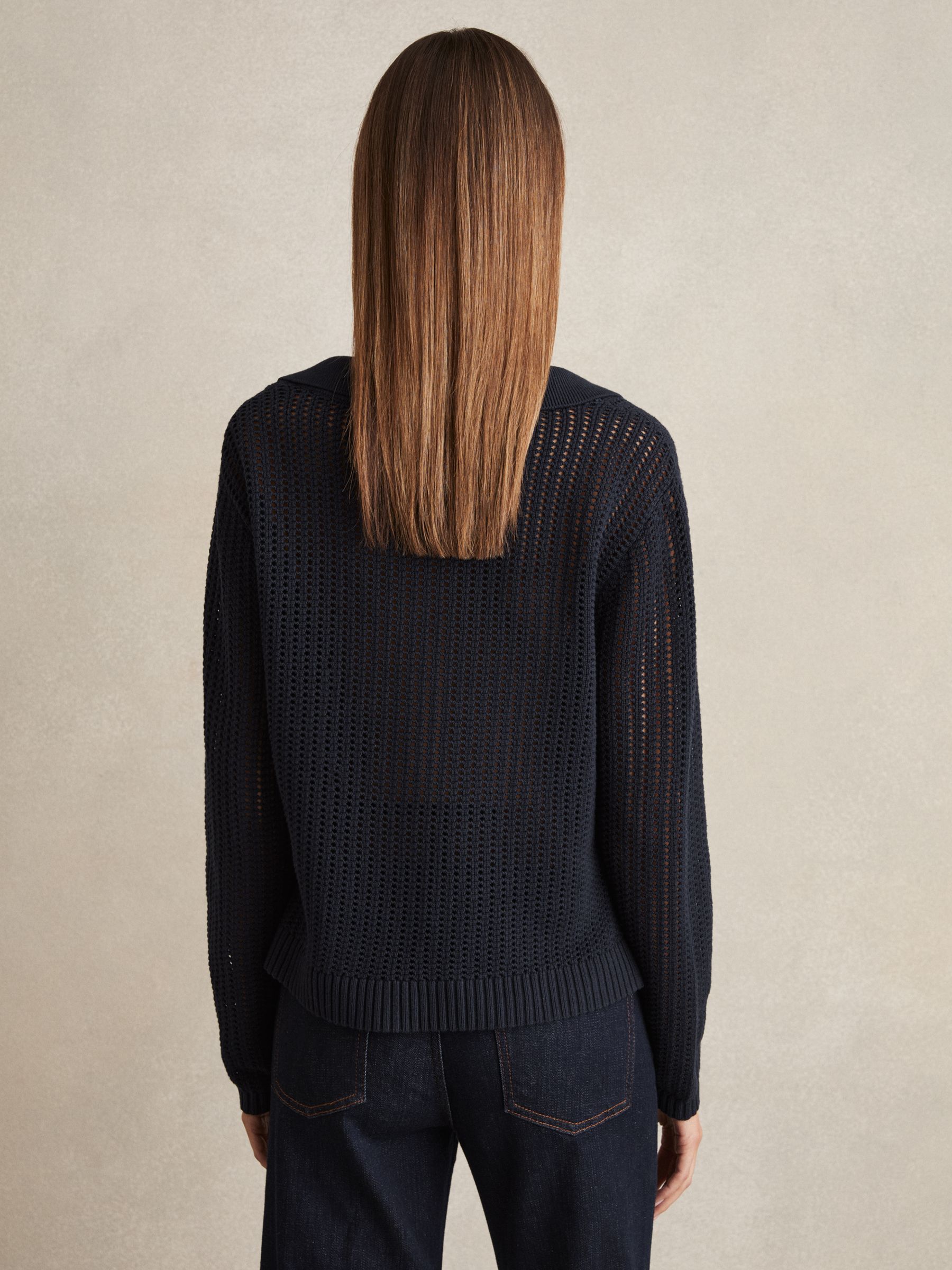 Cotton Blend Open Collar Jumper in Navy - Image 6 of 7