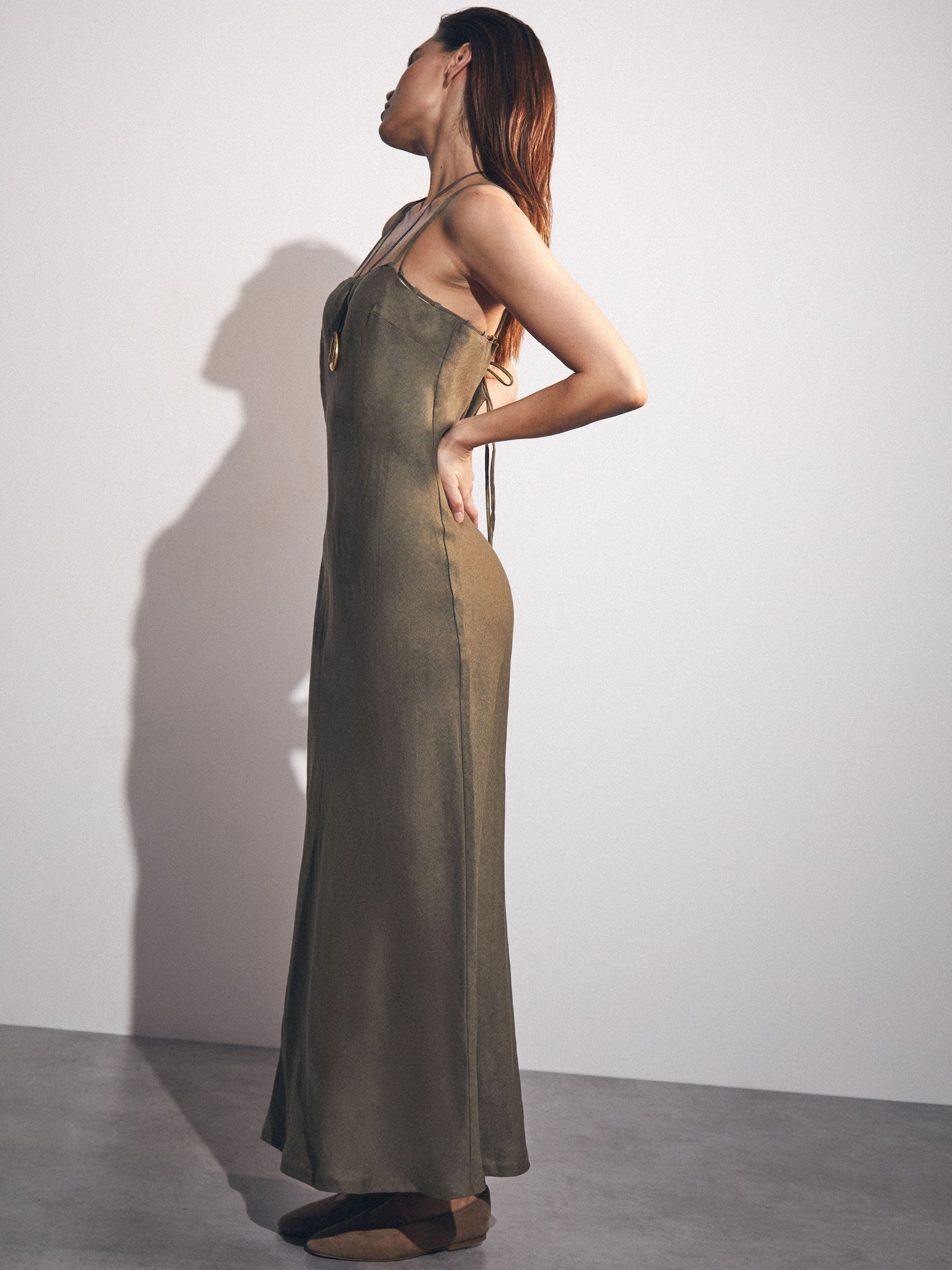 Linen Double-Strap Slip Dress in Khaki - Image 6 of 6