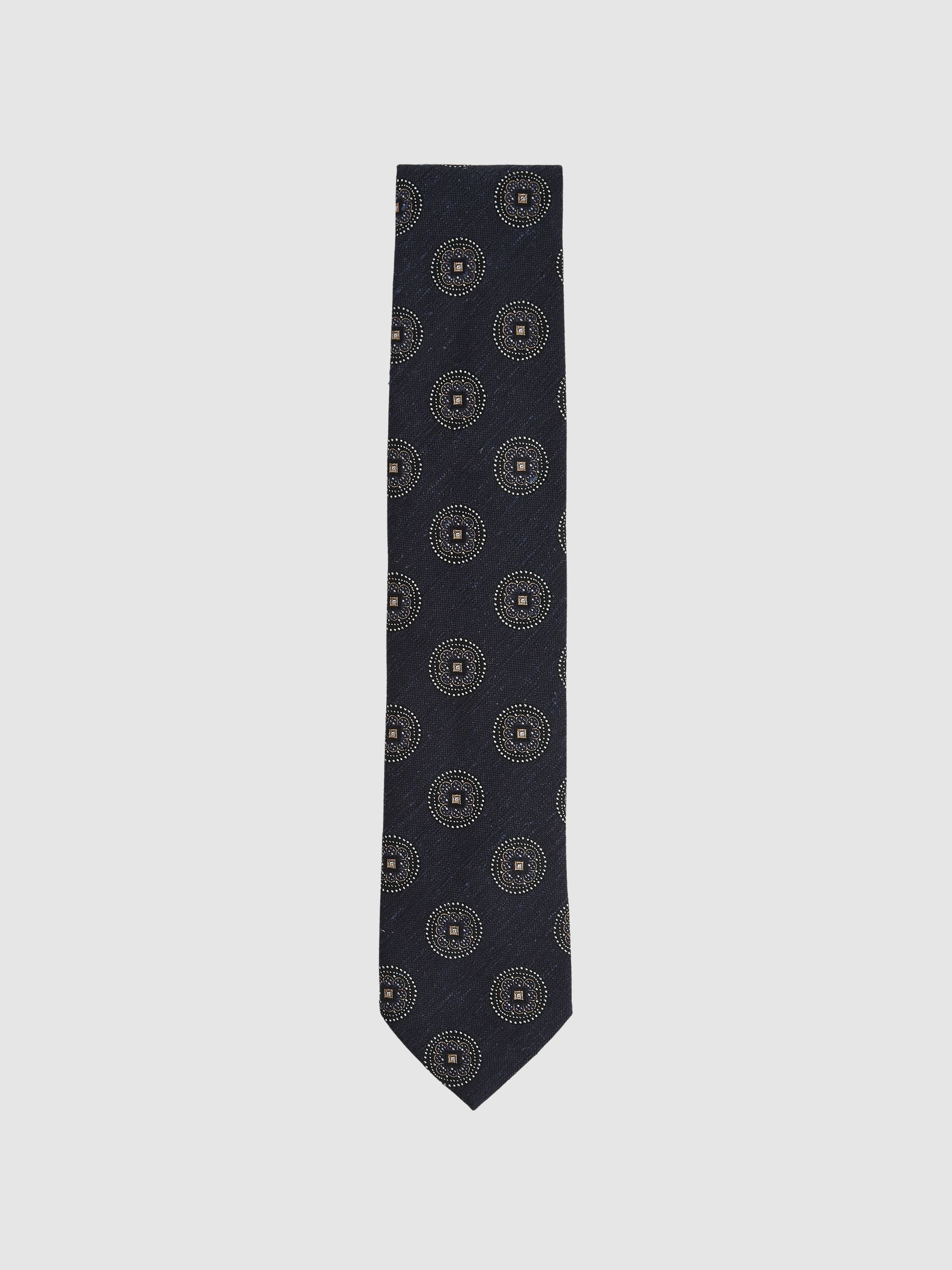 Silk Blend Tie with Medallion Pattern in Navy - Image 1 of 4