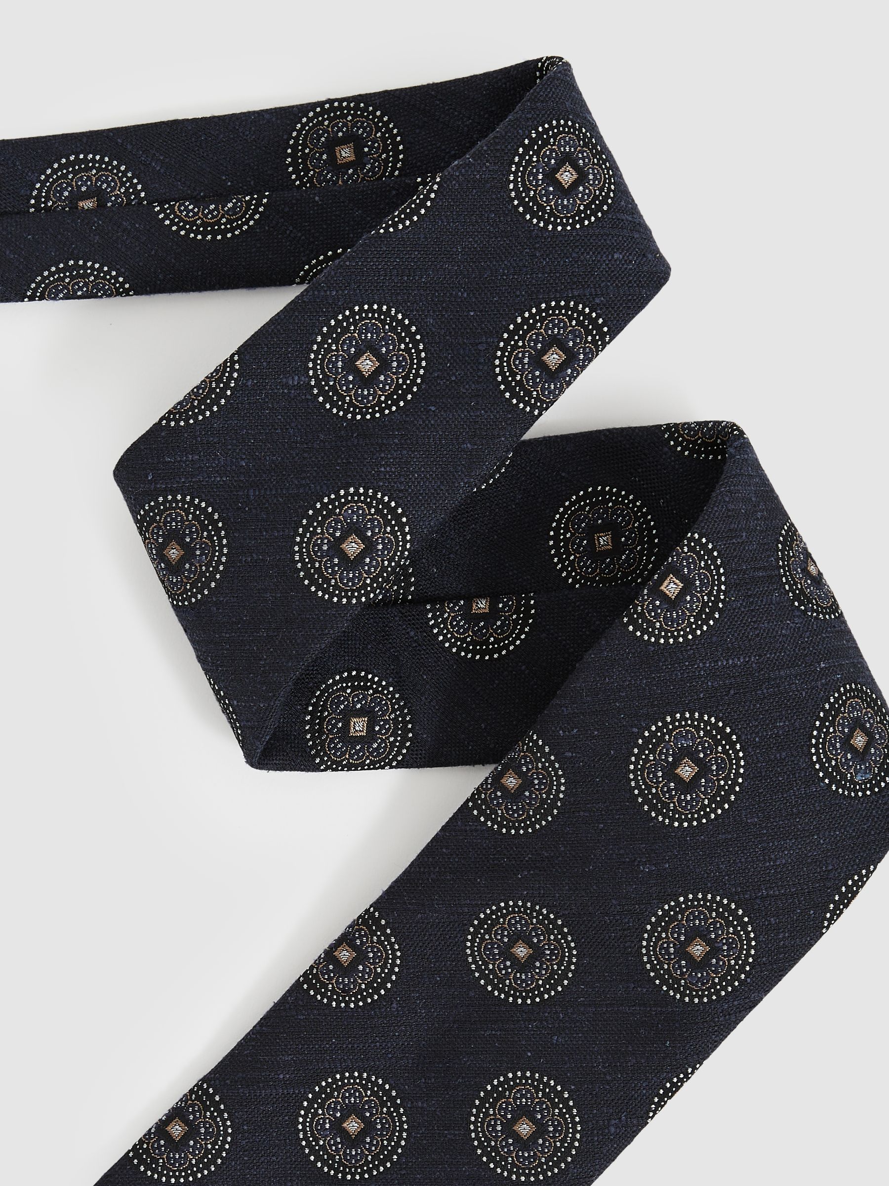 Silk Blend Tie with Medallion Pattern in Navy - Image 2 of 4