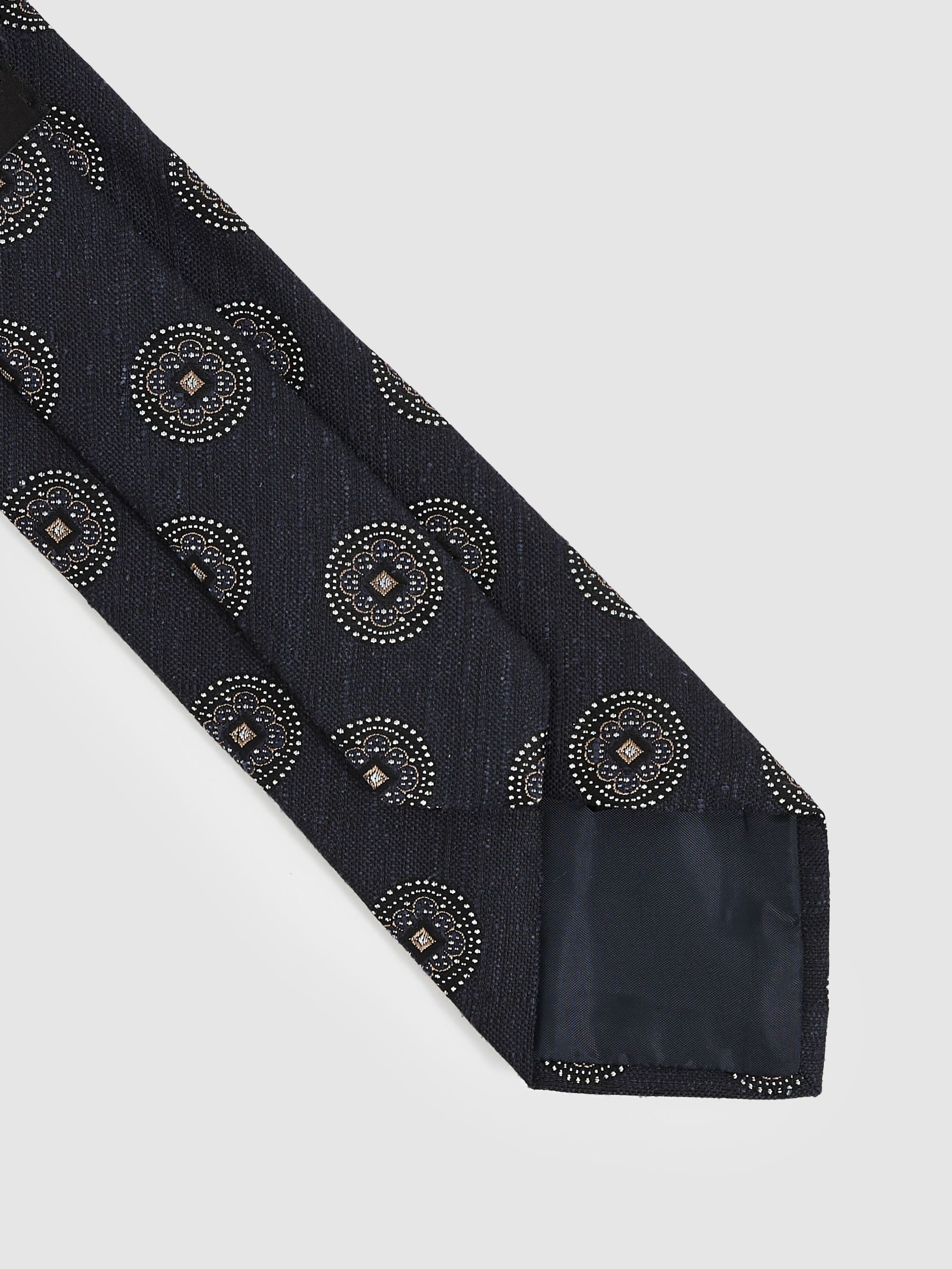 Silk Blend Tie with Medallion Pattern in Navy - Image 3 of 4