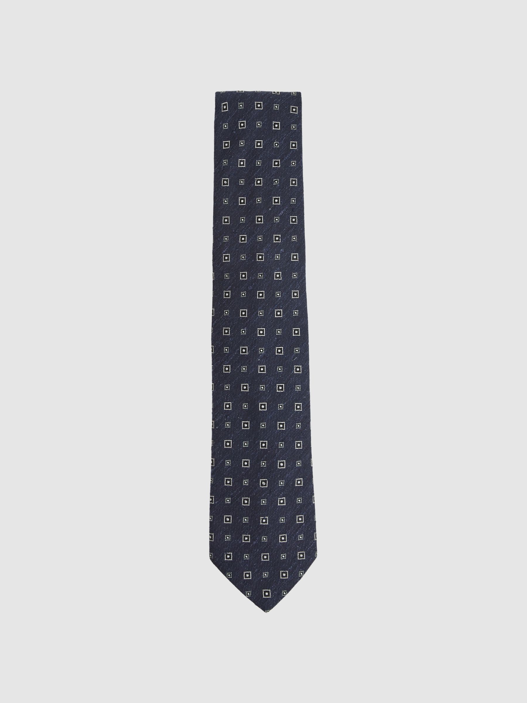 Foulard Silk Blend Tie with Medallion Pattern in Navy - Image 1 of 4