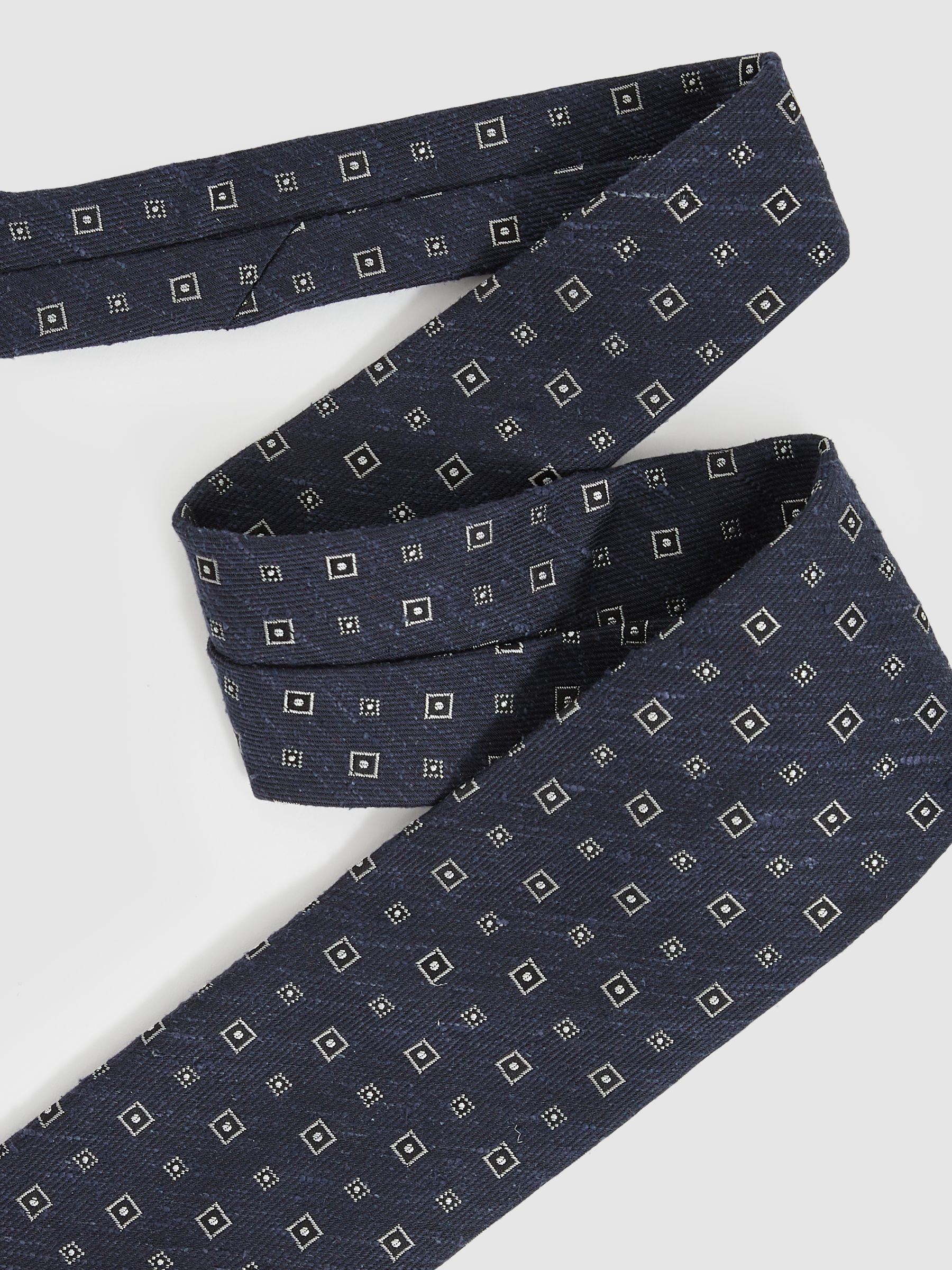 Foulard Silk Blend Tie with Medallion Pattern in Navy - Image 2 of 4