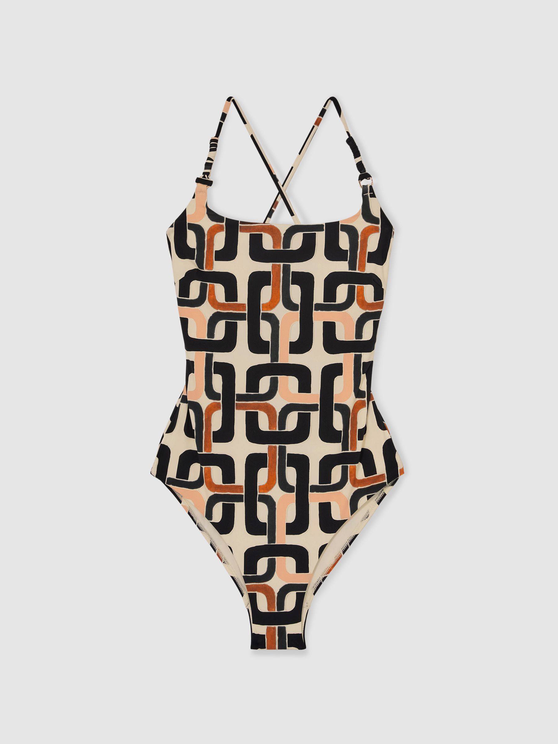 Chain-Print Square-Neck Swimsuit in Brown/Cream - Image 2 of 7