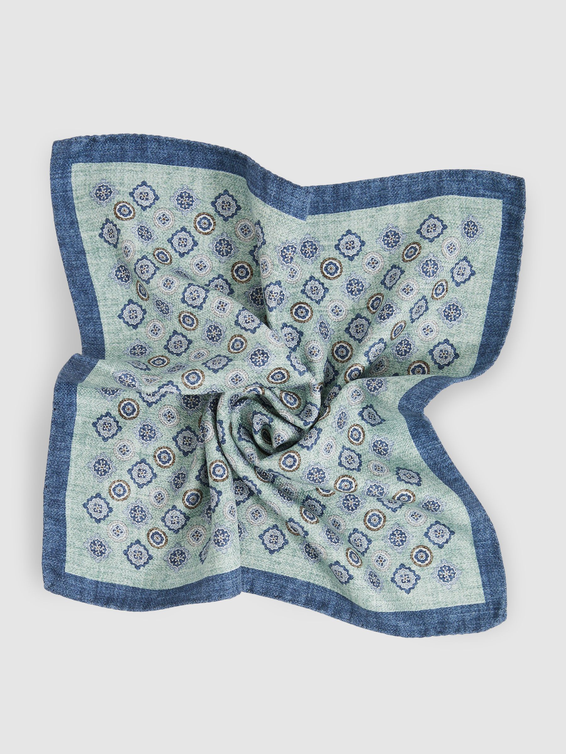 Silk Medallion-Print Pocket Square in Soft Sage - Image 3 of 4