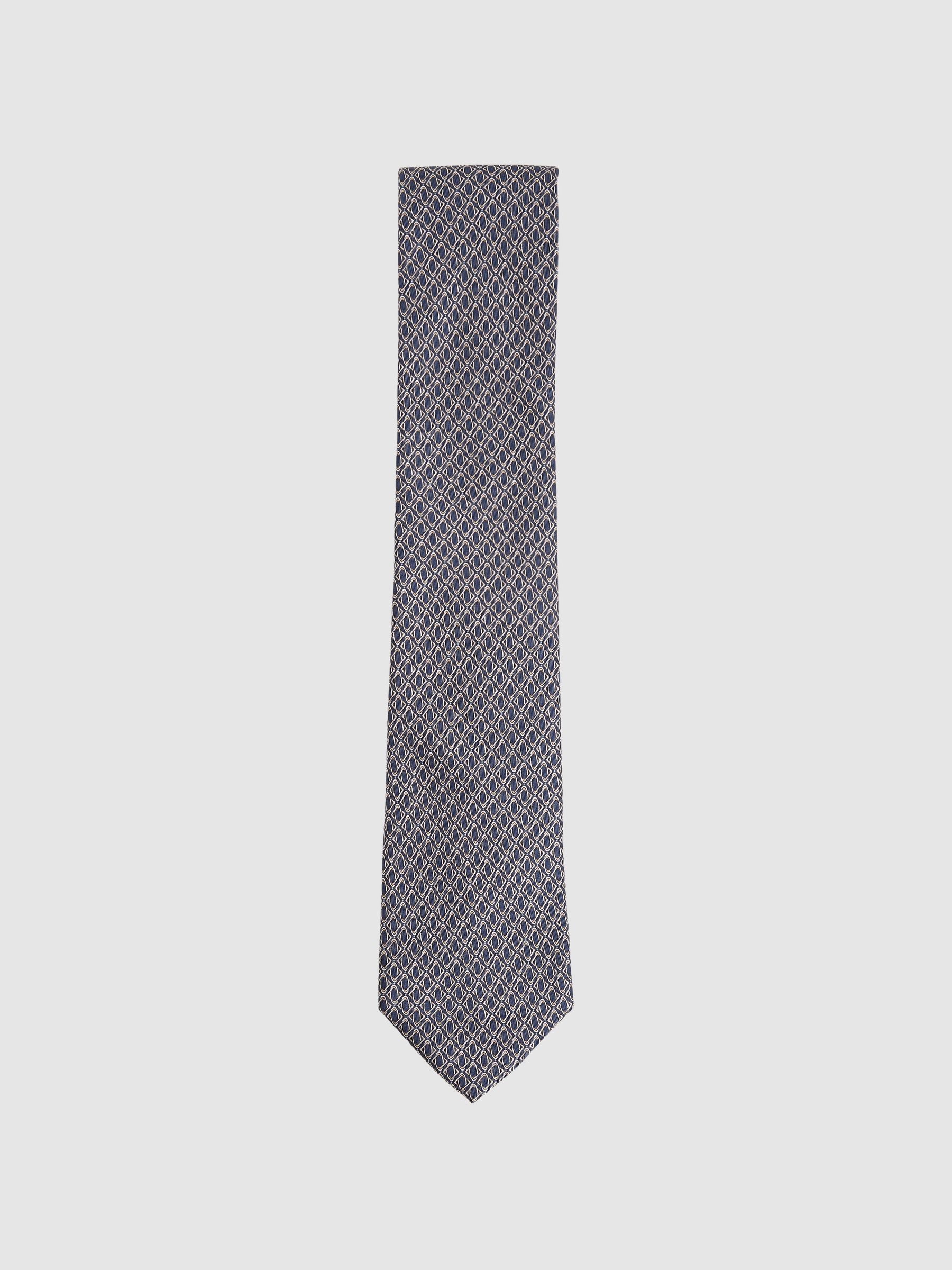 Silk Geometric-Print Tie in Navy - Image 1 of 4
