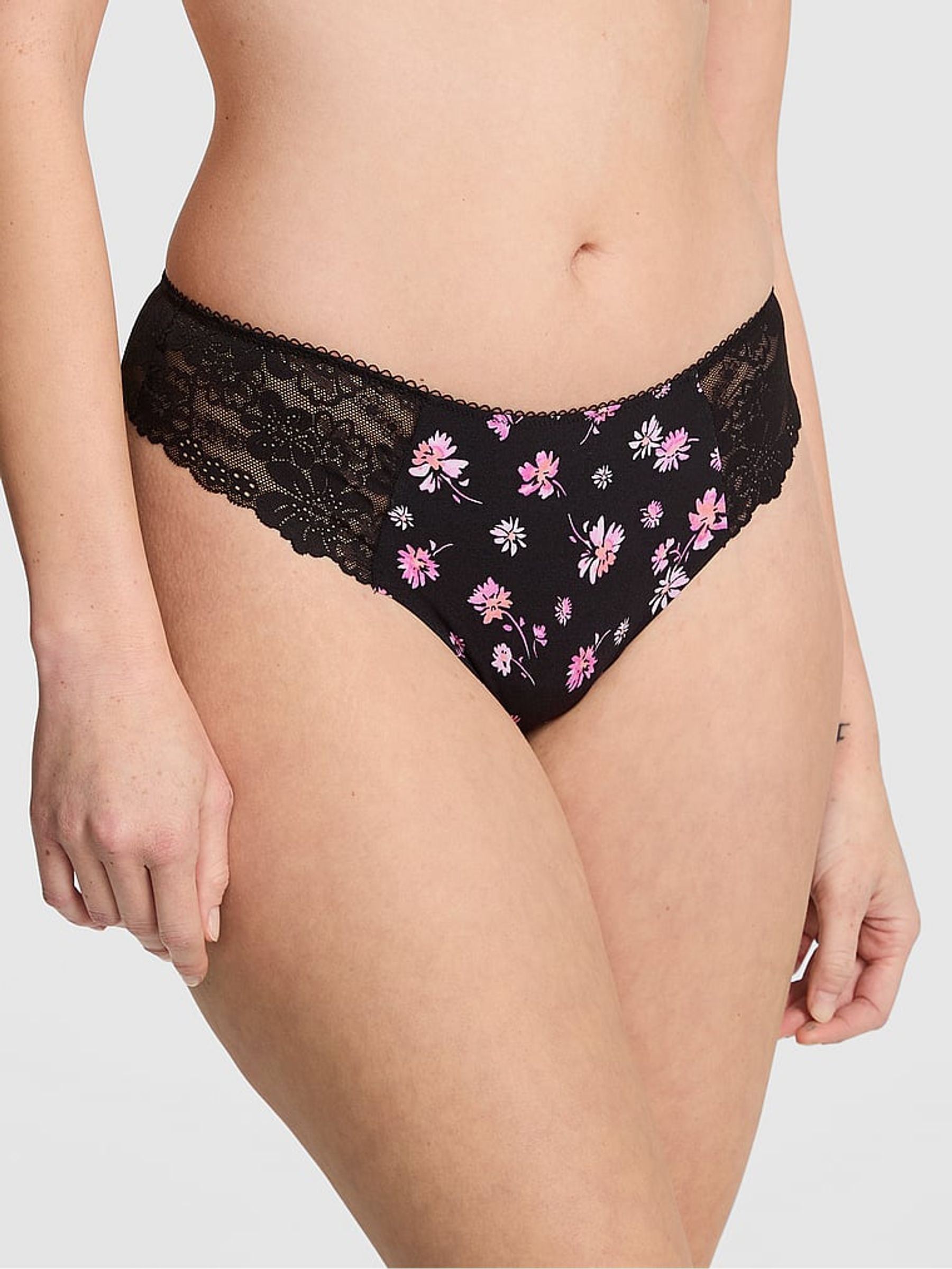Black Floral Lace Thong Knickers - Image 1 of 3