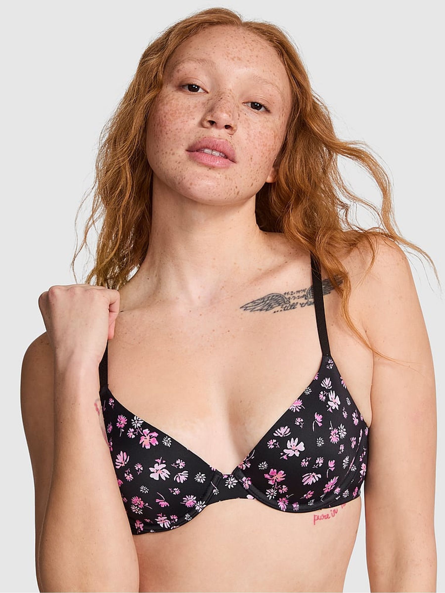 Black Floral Print T Shirt Bra - Image 1 of 5