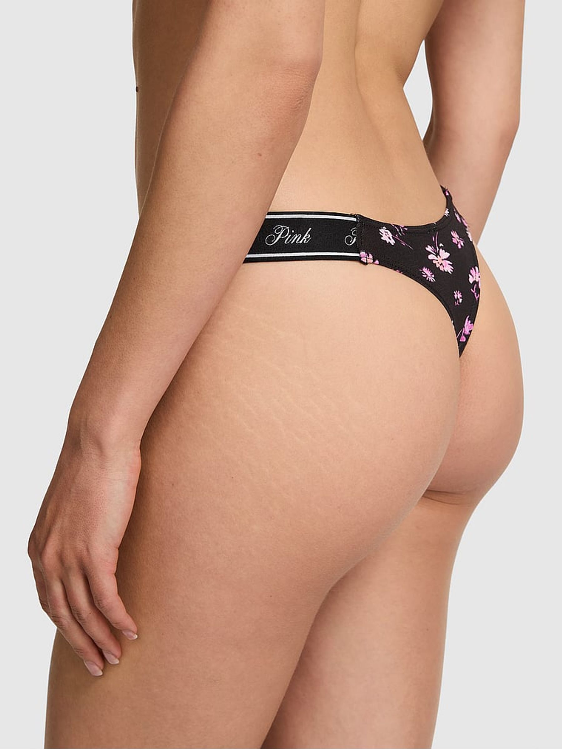 Black Ditsy Floral Print Thong Cotton Logo Knickers - Image 2 of 3
