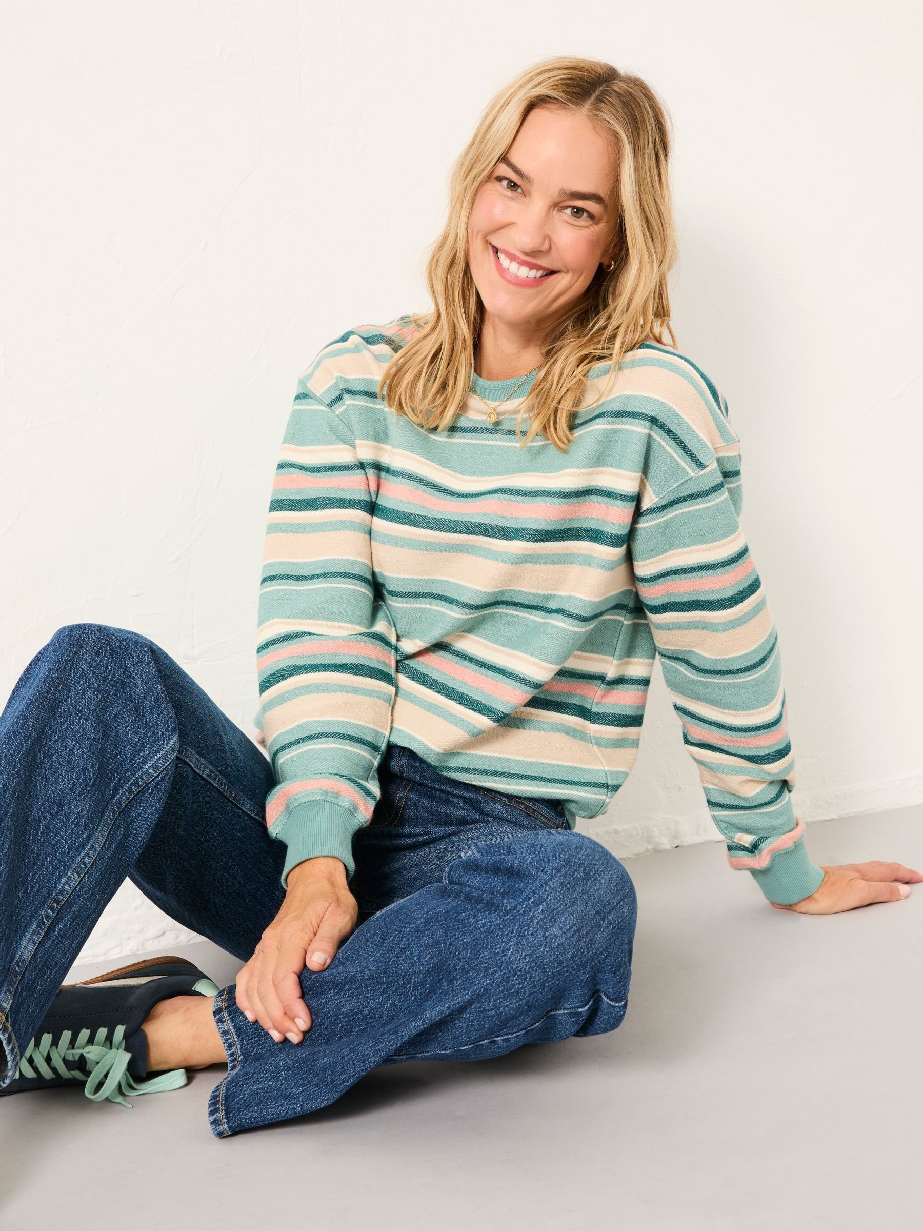 Georgia Teal Blue Textured Stripe Crew Sweat - Image 4 of 5