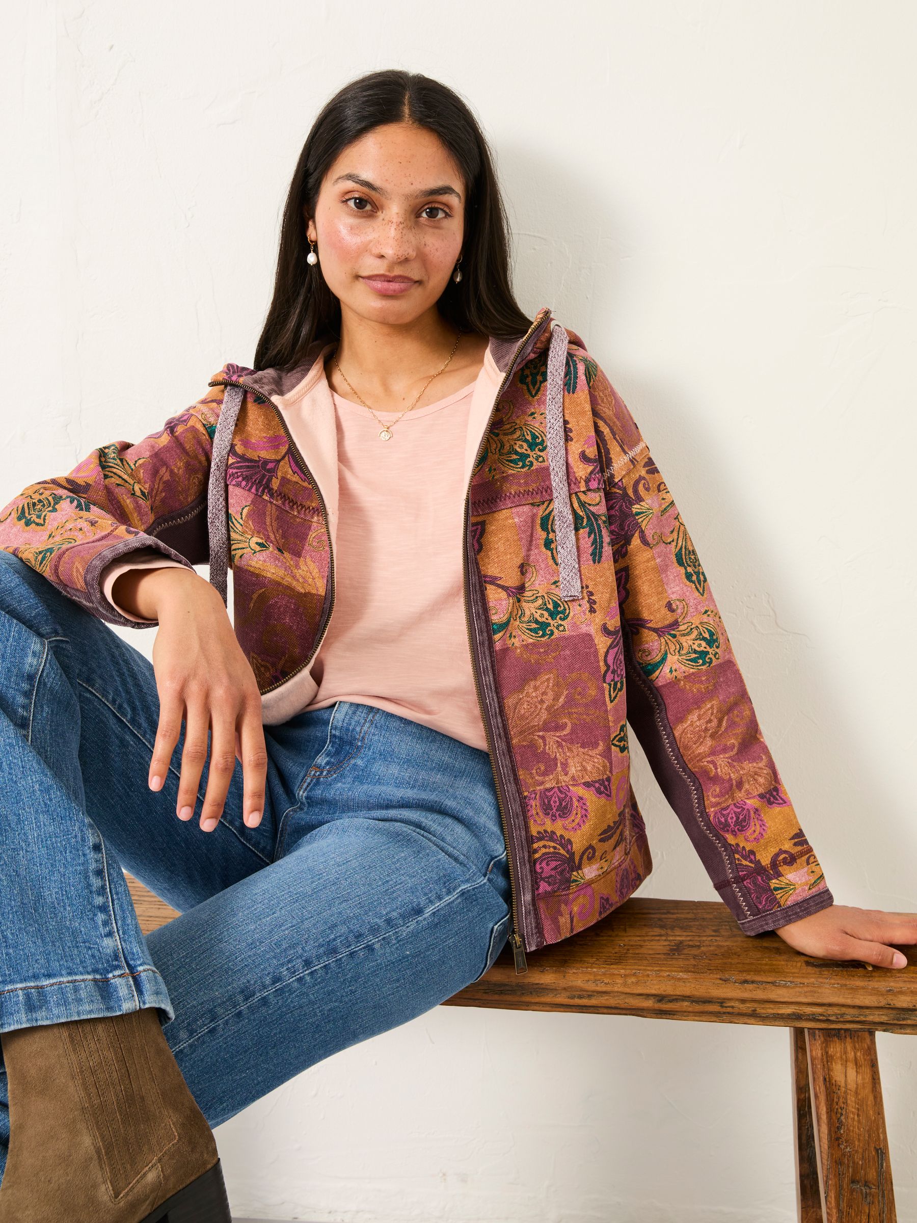 Airlie Pink Patched Chintz Zip Through Hoody - Image 4 of 6