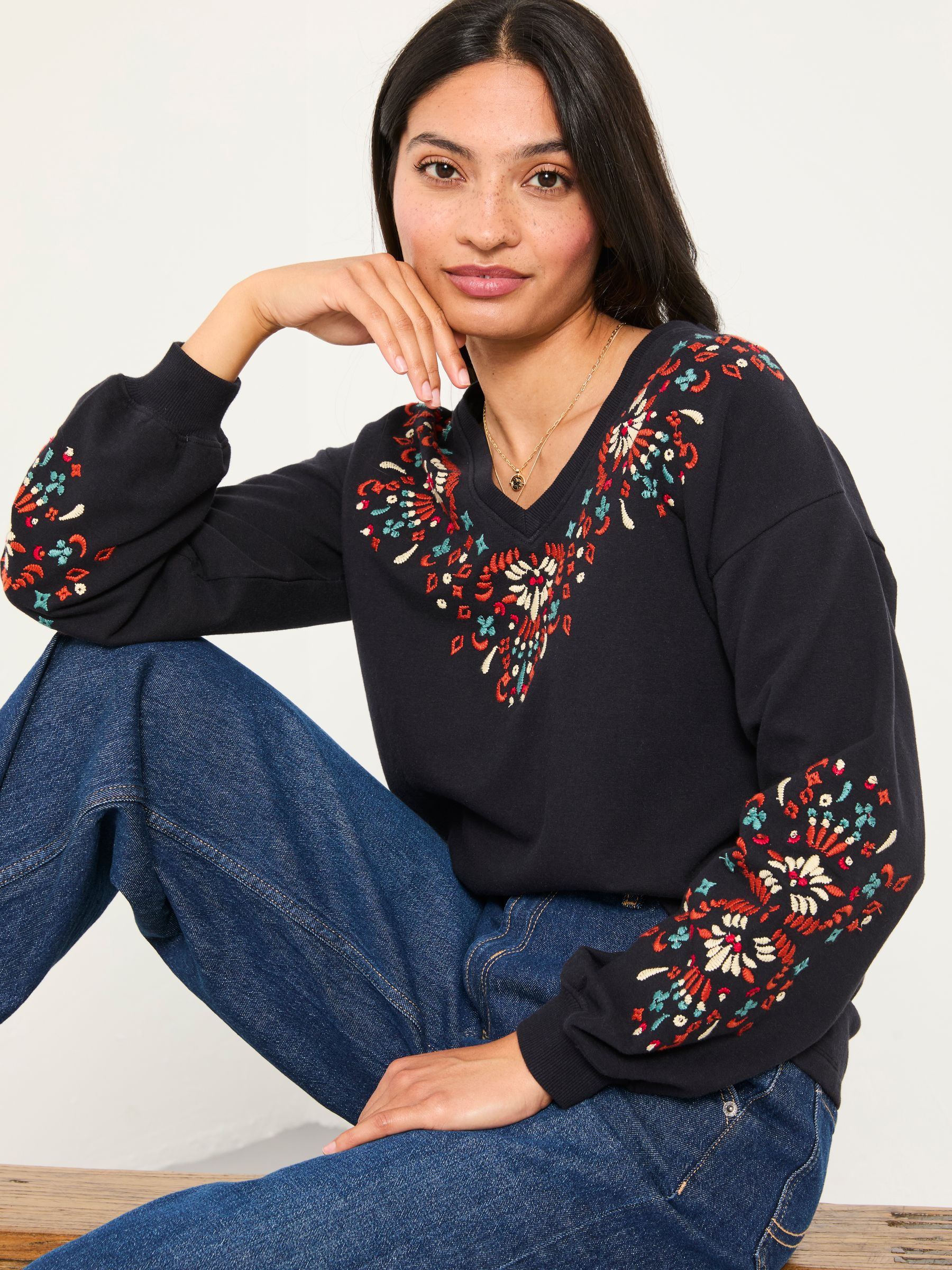 Black Embroidered V Neck Sweatshirt - Image 1 of 6