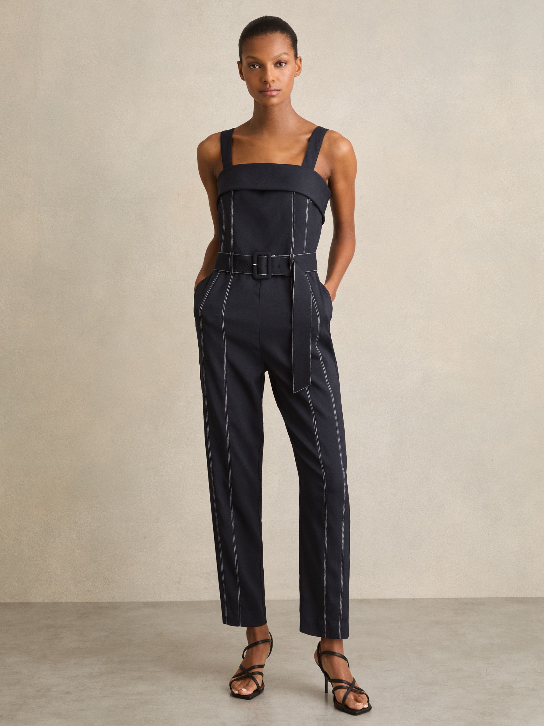 Contrast Stitch Structured Jumpsuit in Navy - Image 1 of 5