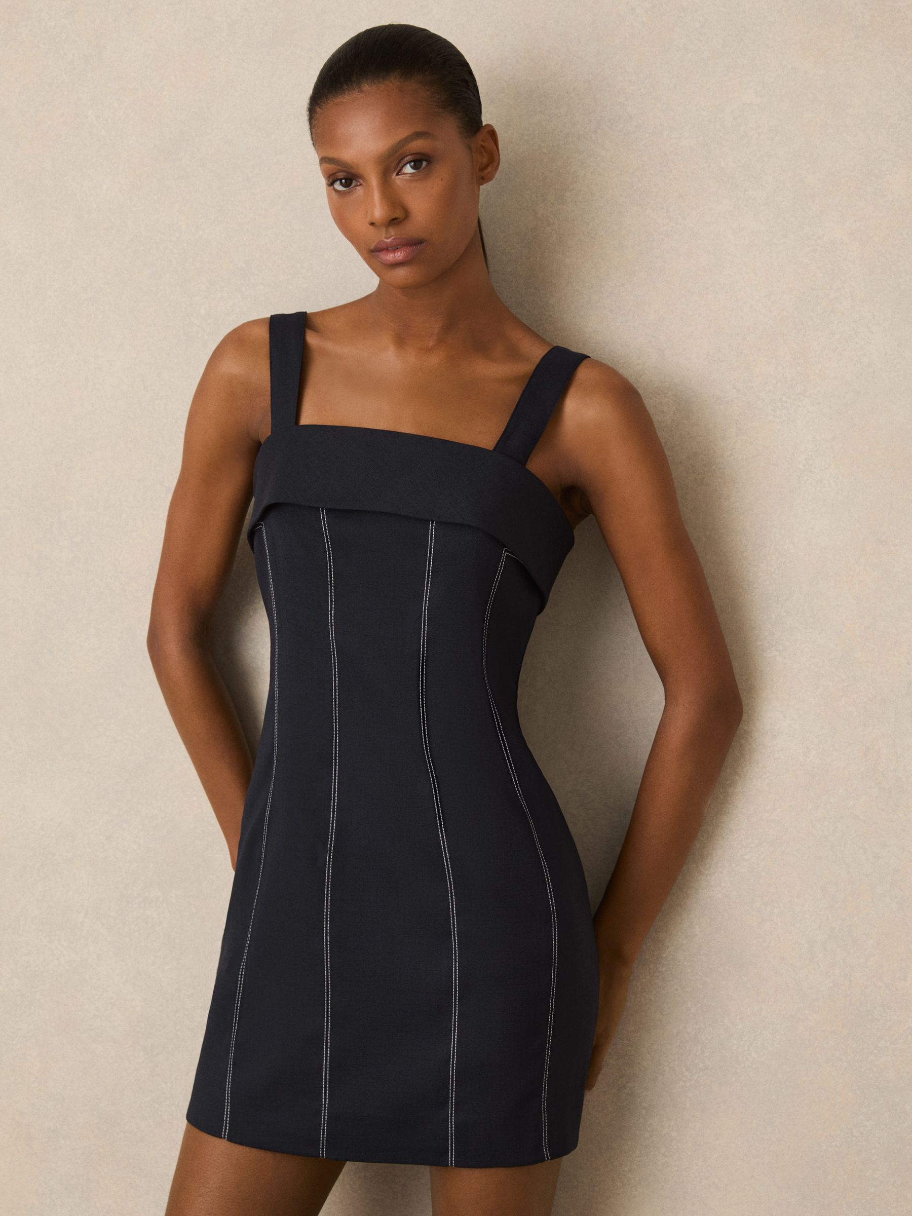 Contrast-Stitch Structured Mini Dress in Navy - Image 3 of 6