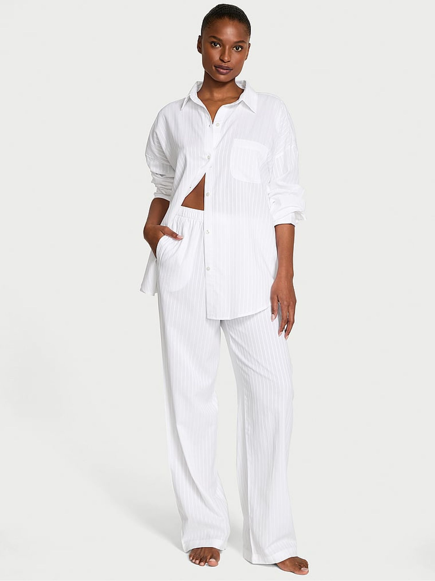 White Cotton Modal Long Pyjama Set - Image 1 of 2