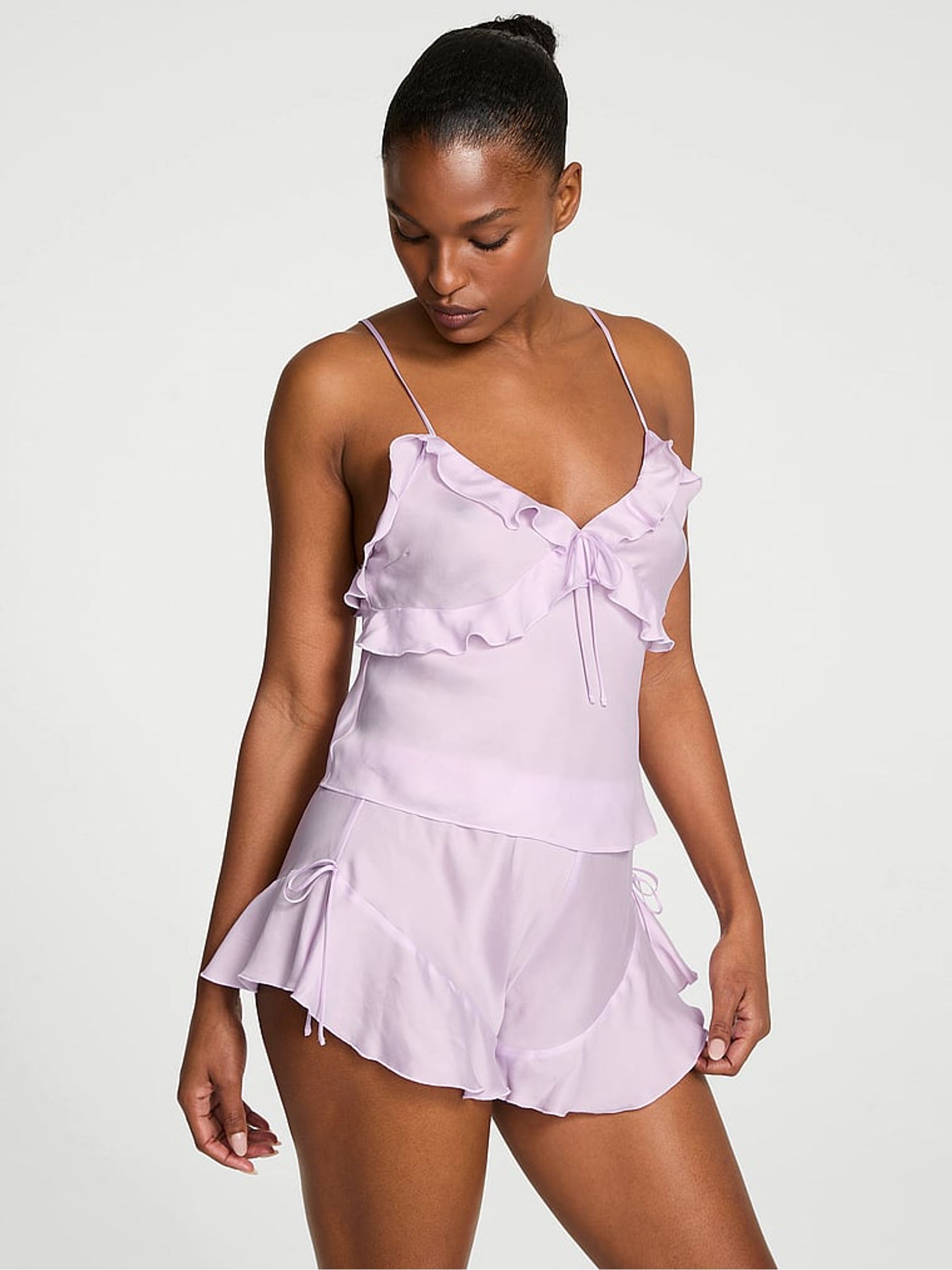 Delicate Violet Purple Silky Flutter Ruffled Cami Set - Image 1 of 4