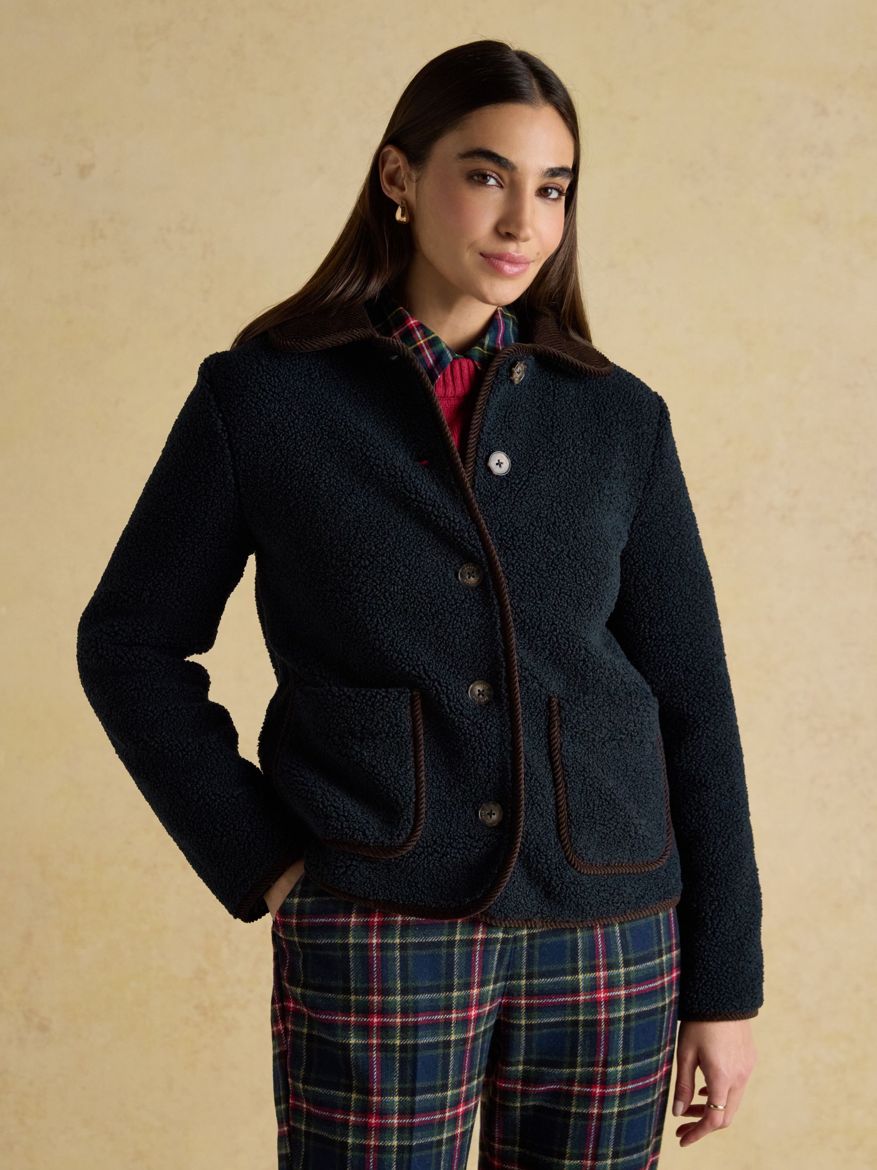 Sadie Navy Regular Fleece Jacket with Button Fastening | Joules