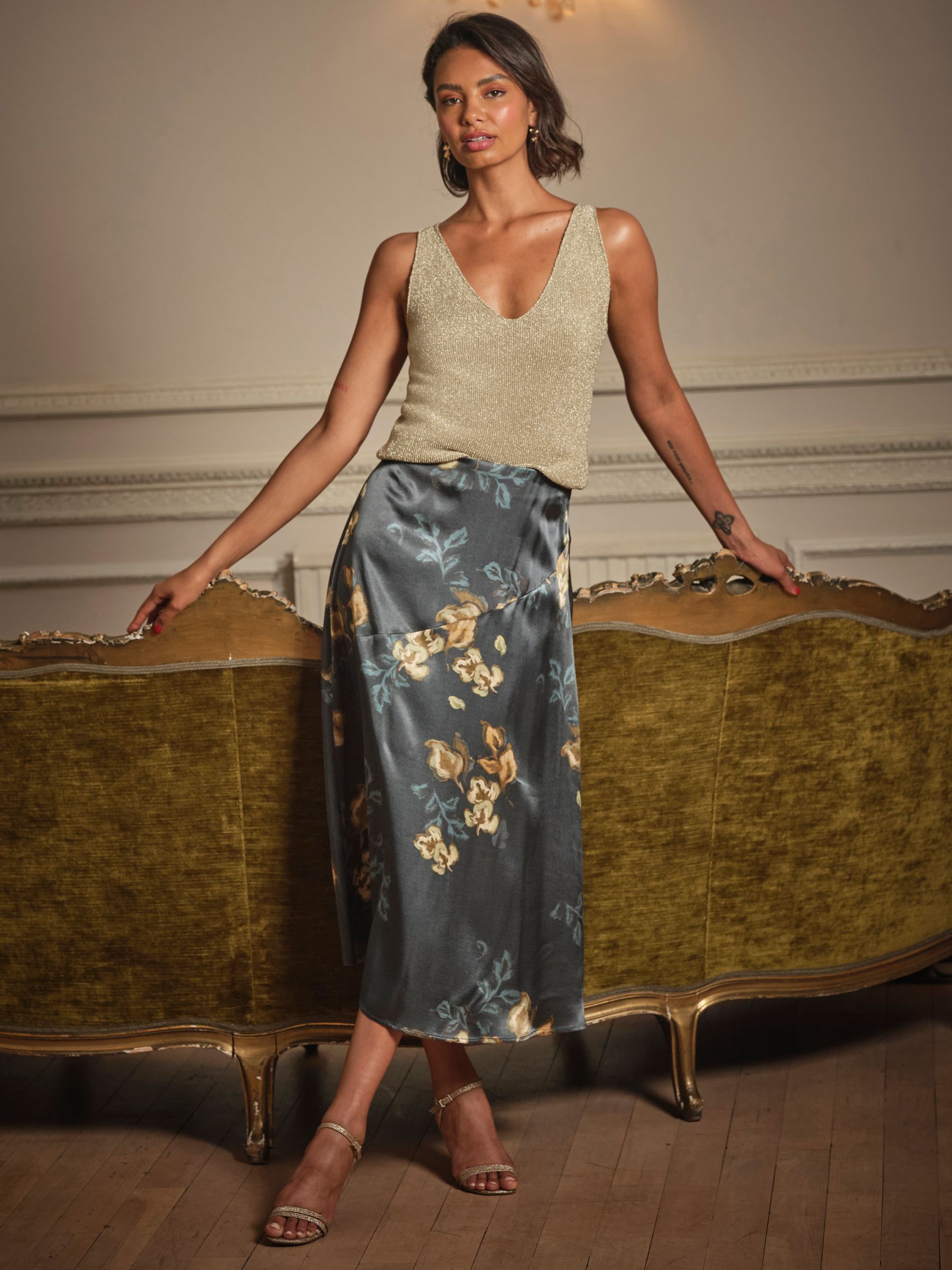 Lily Dark Navy Printed Satin Bias Skirt | FatFace