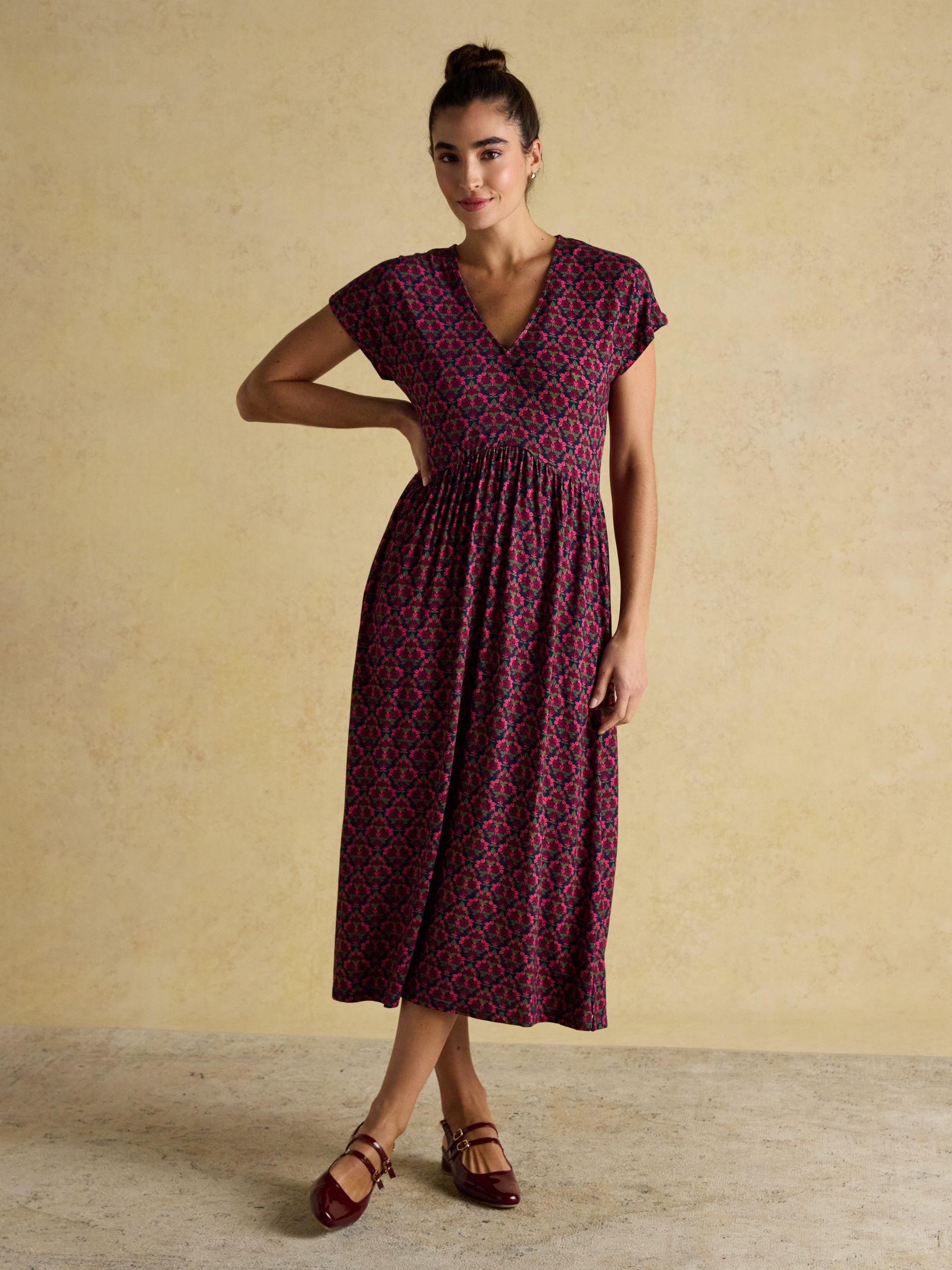 Nia Red Floral Short Sleeve V-Neck Midaxi Dress - Image 1 of 9