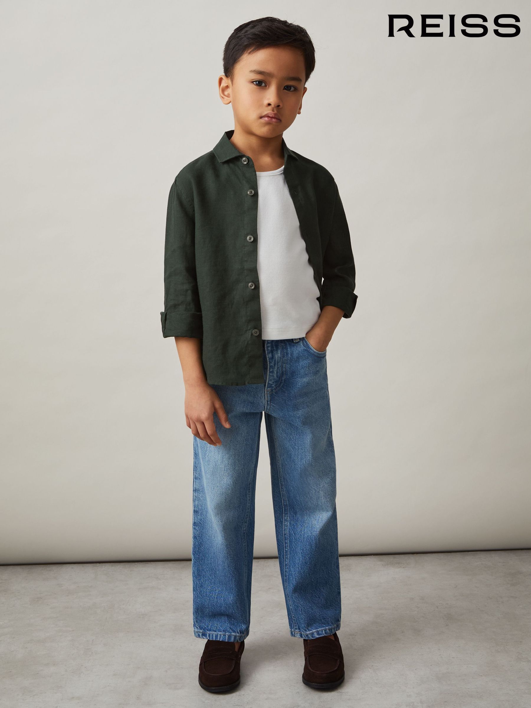 3-9 yrs Linen Cutaway Collar Shirt in Dark Green - Image 6 of 6