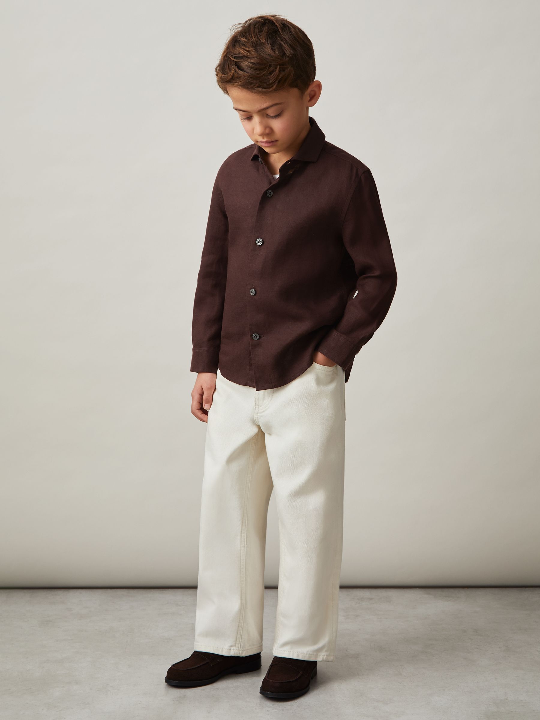 9-13 yrs Linen Cutaway Collar Shirt in Dark Brown - Image 3 of 4