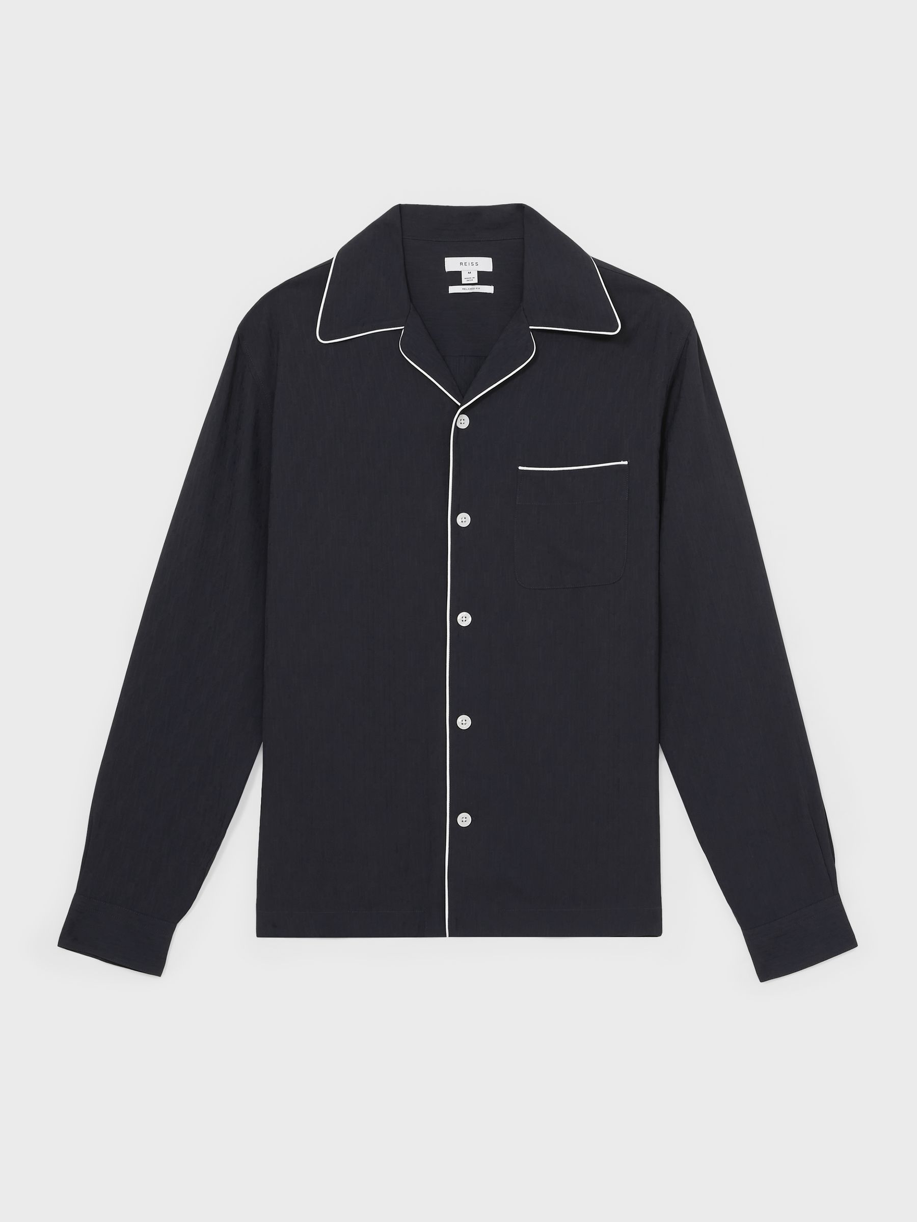 Cuban Collar Shirt with Piping Detail Shirt in Navy - Image 2 of 6