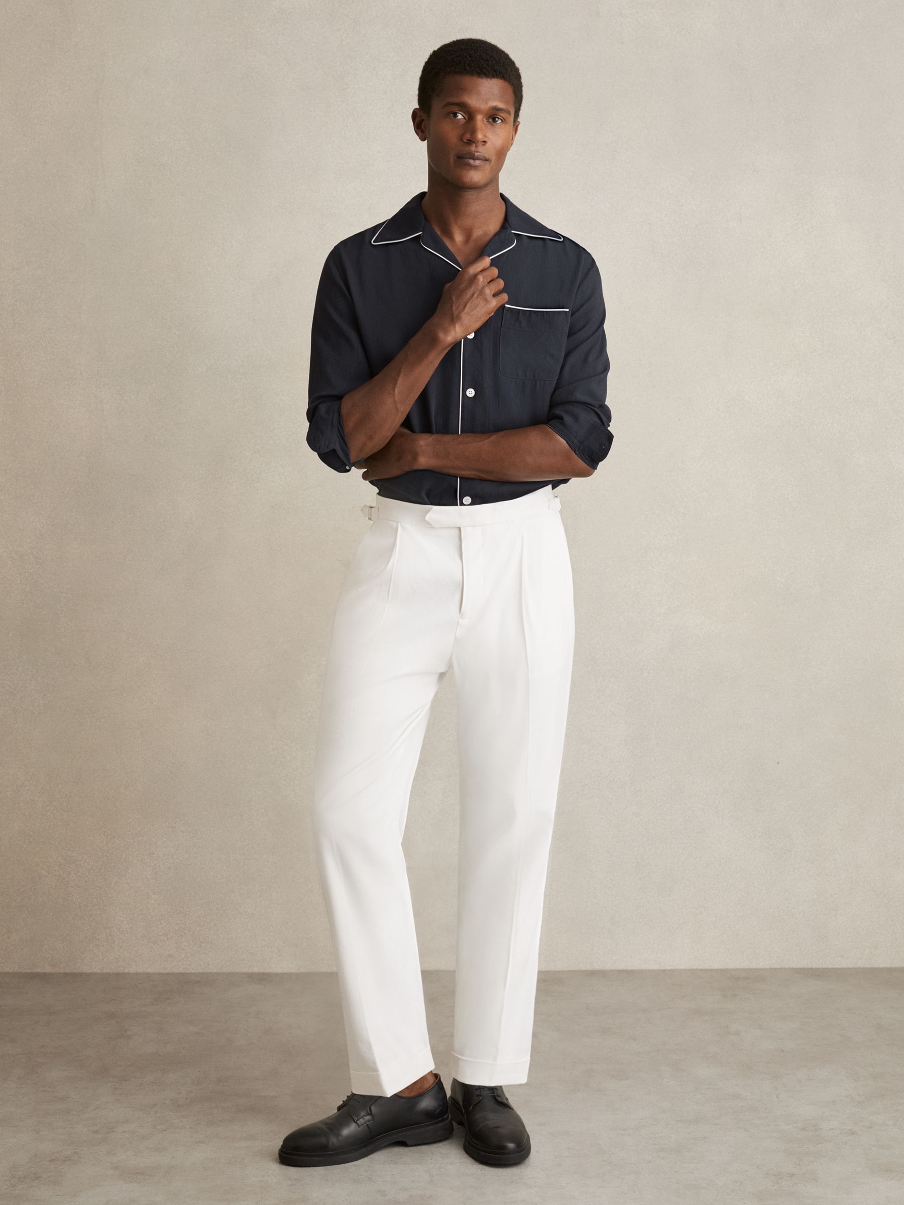 Cuban Collar Shirt with Piping Detail Shirt in Navy - Image 3 of 6