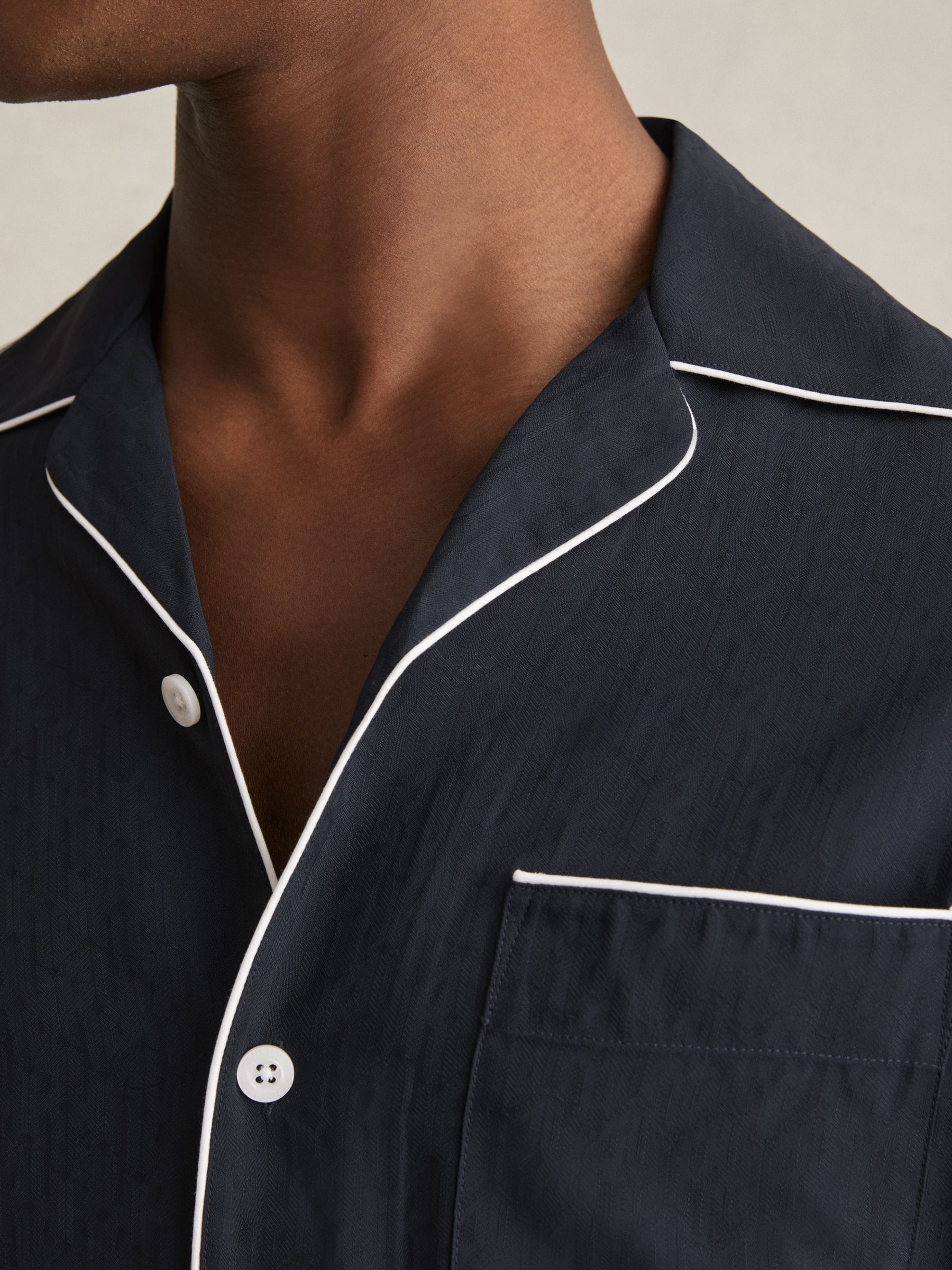 Cuban Collar Shirt with Piping Detail Shirt in Navy - Image 4 of 6