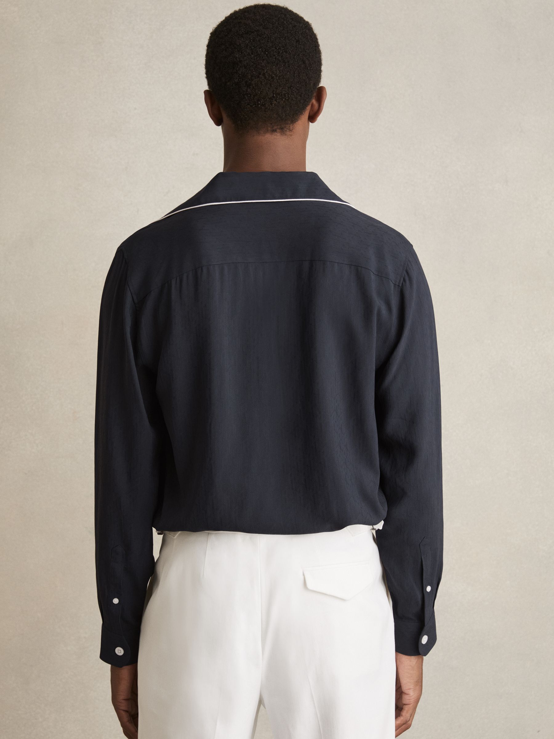 Cuban Collar Shirt with Piping Detail Shirt in Navy - Image 5 of 6