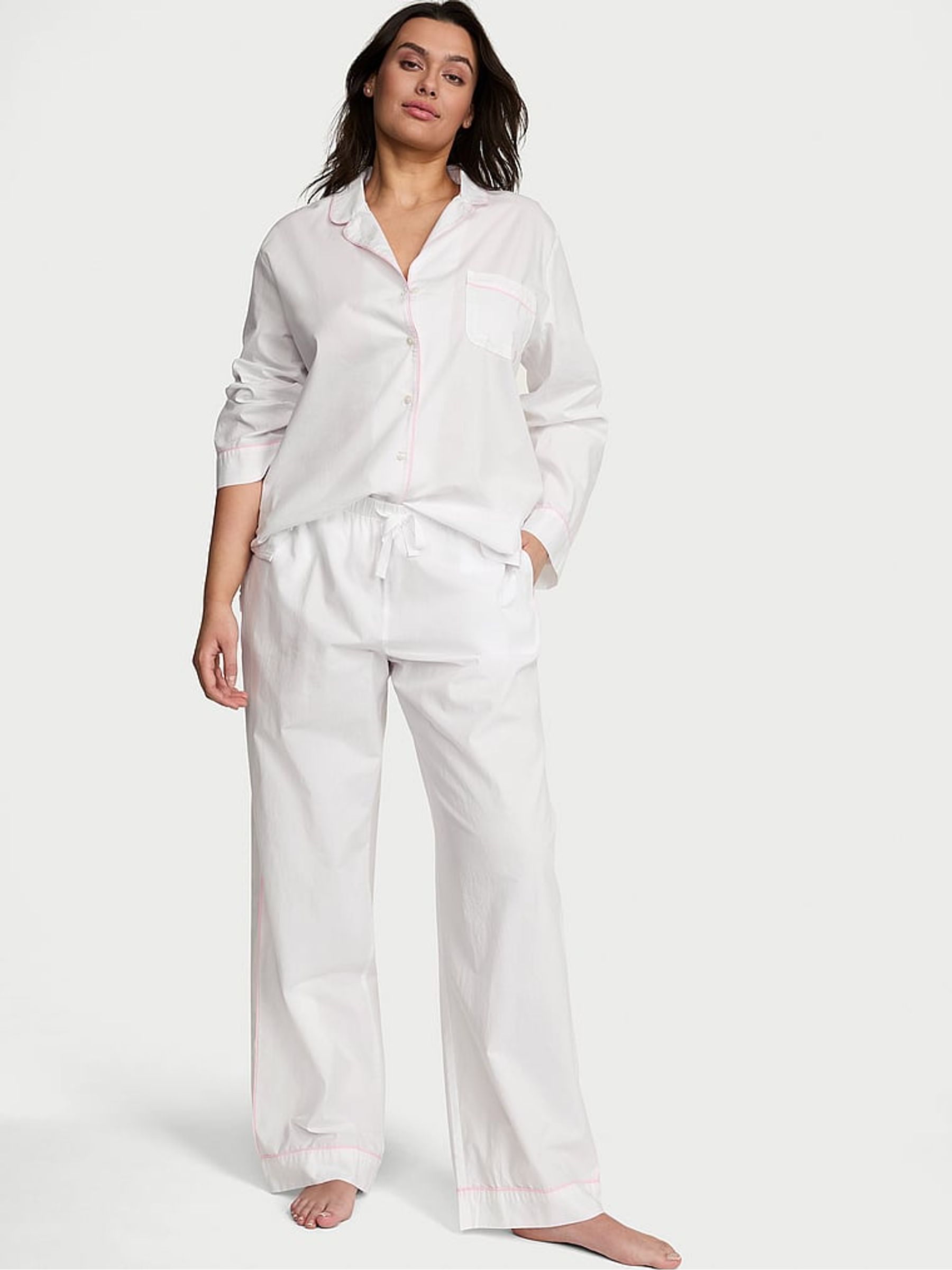 White With Pink Piping Cotton Long Pyjama Set - Image 1 of 3