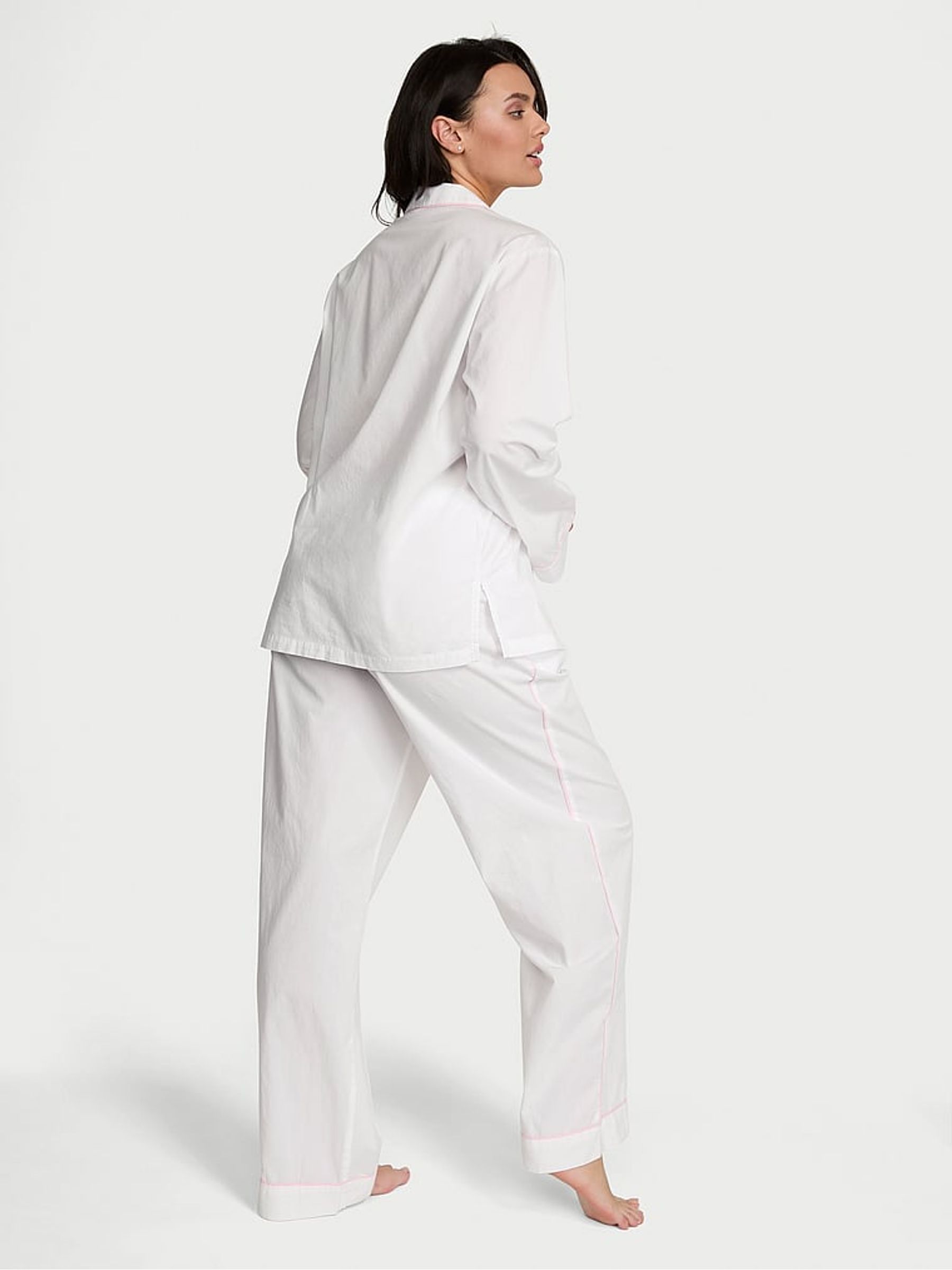 White With Pink Piping Cotton Long Pyjama Set - Image 2 of 3