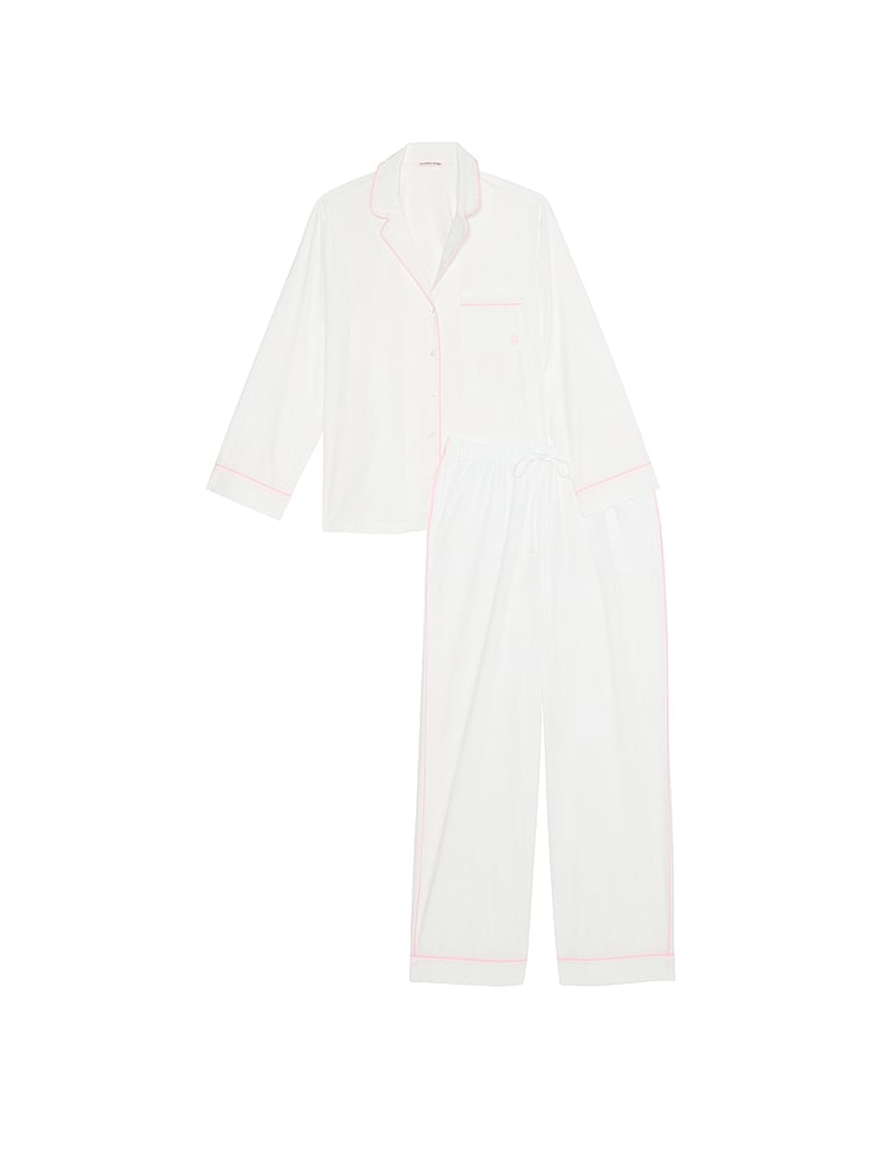 White With Pink Piping Cotton Long Pyjama Set - Image 3 of 3