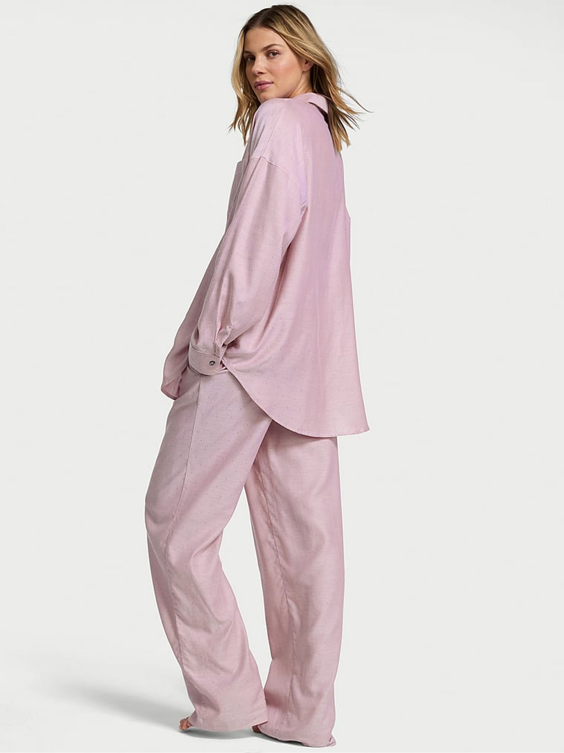 Rose Pink Herringbone Cotton Modal Long Pyjama Set - Image 2 of 2