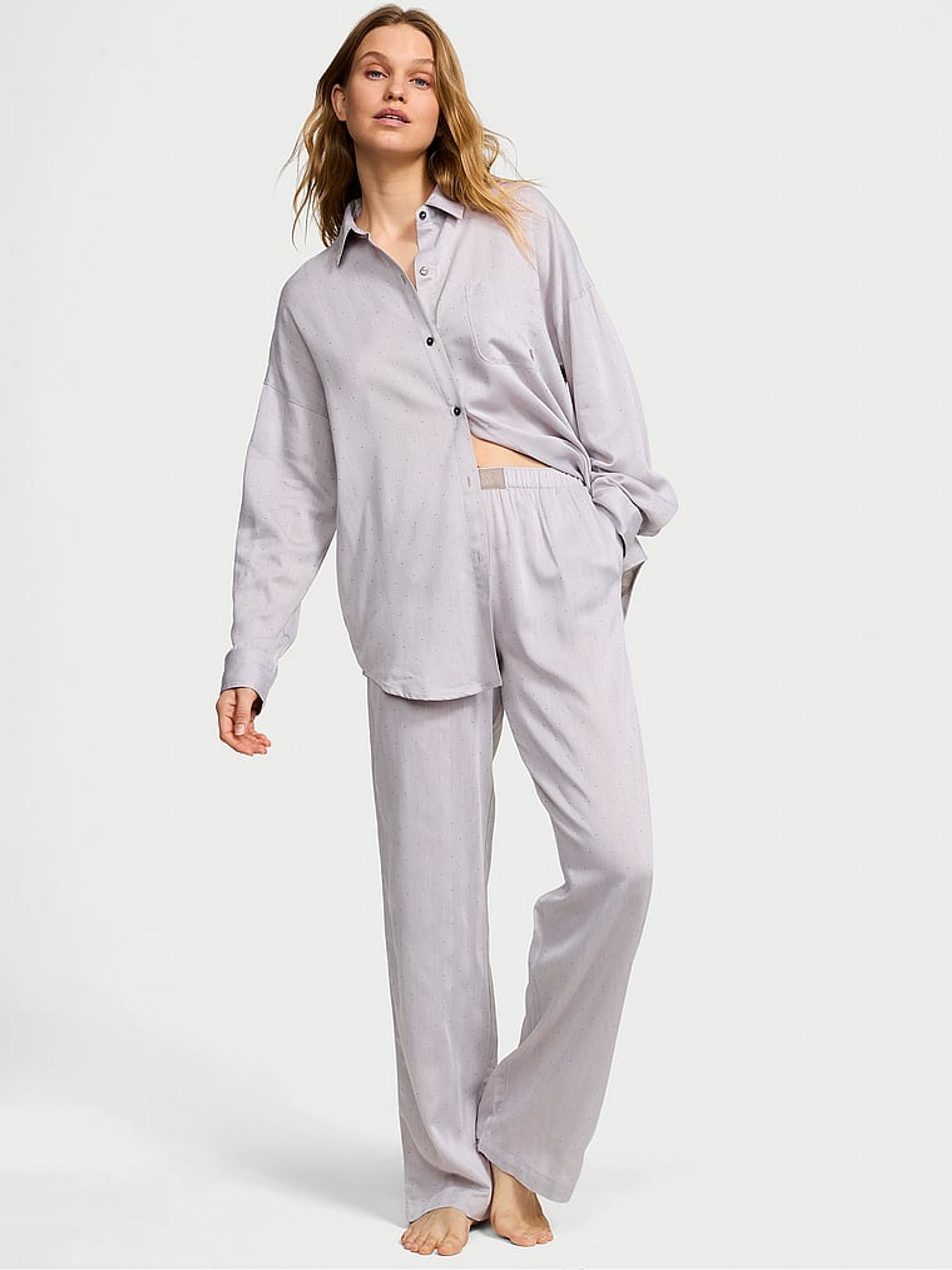 Dove Grey Herringbone Cotton Modal Long Pyjama Set - Image 1 of 2