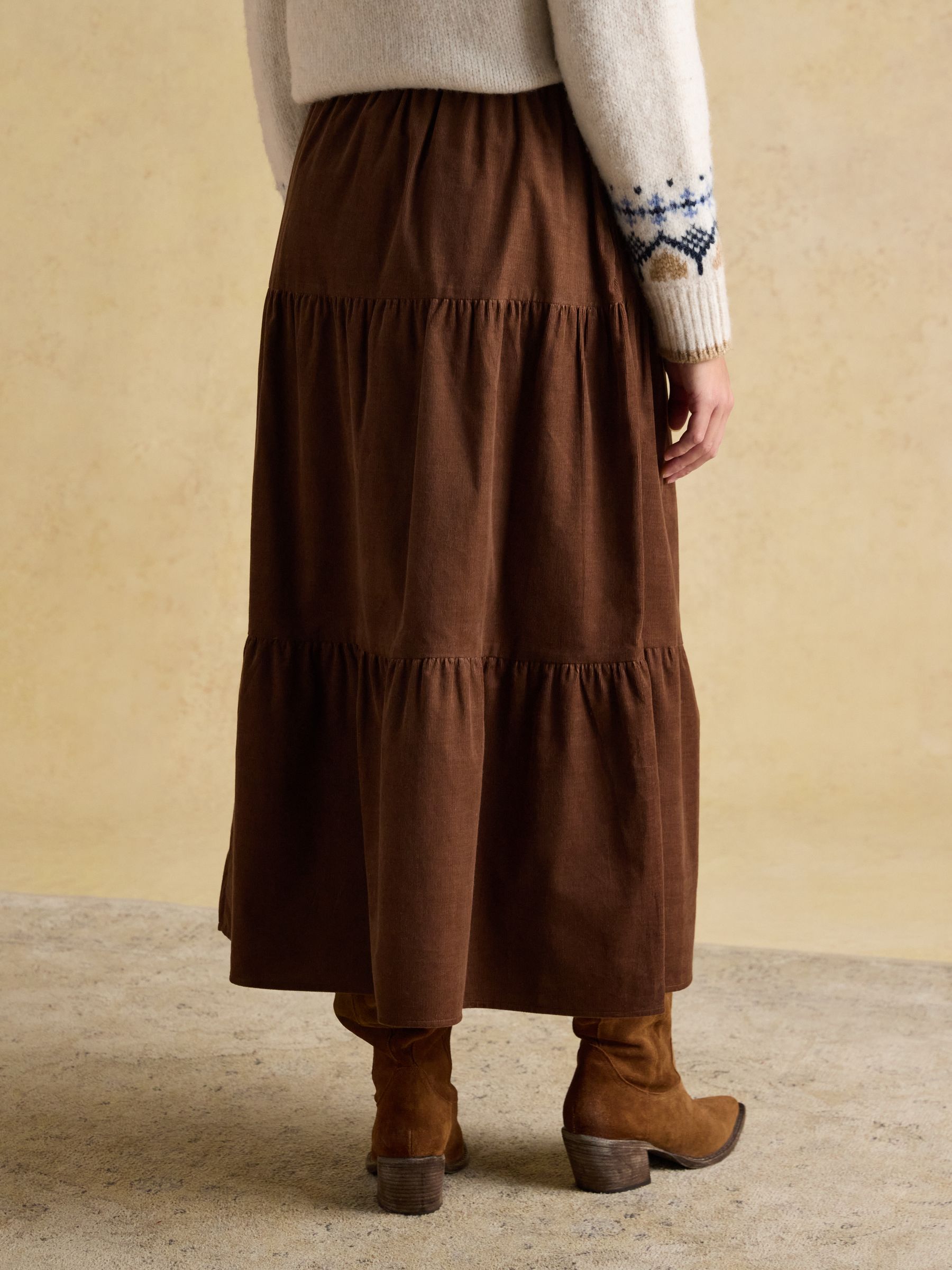 Brown Cord Tiered Midi Skirt - Image 2 of 8