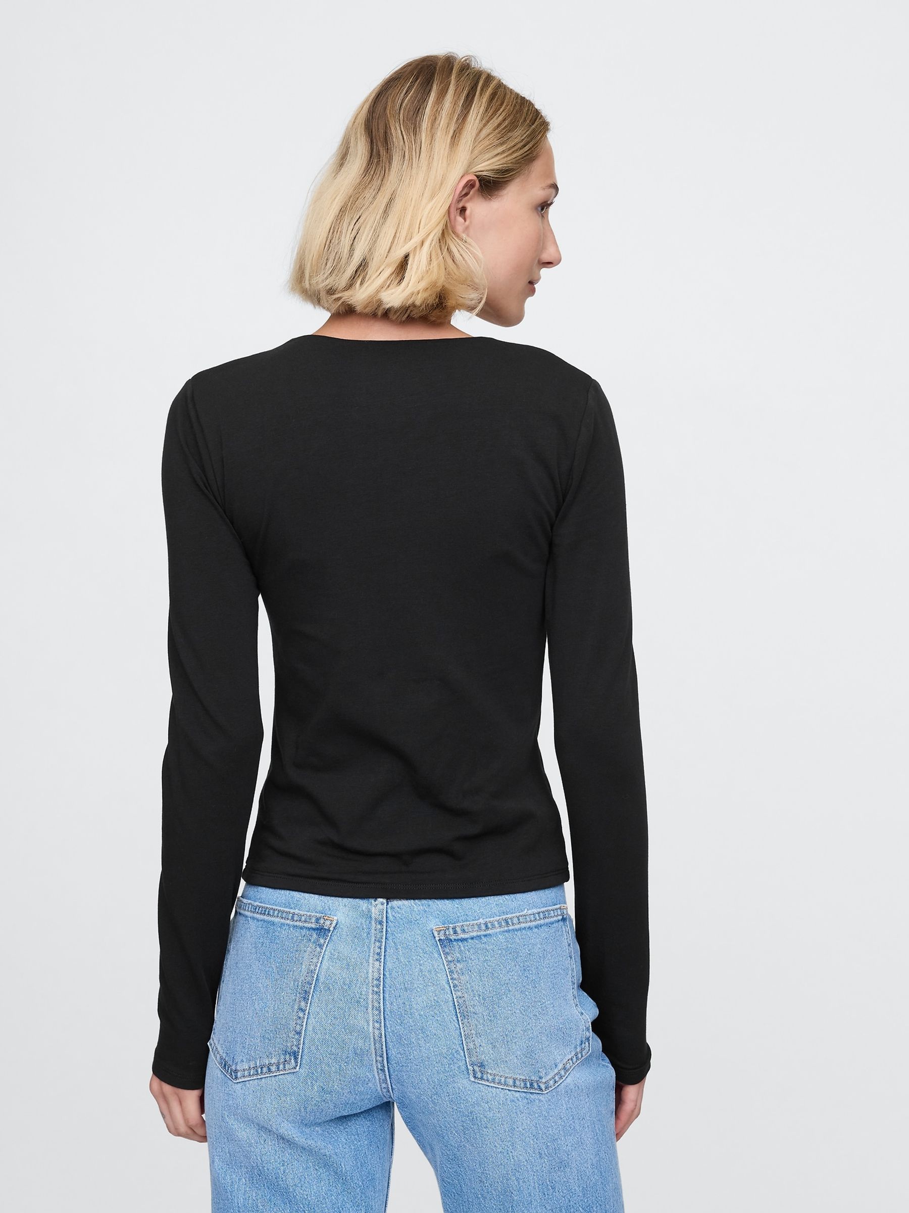 Black Square Neck Long Sleeve Top - Image 2 of 5