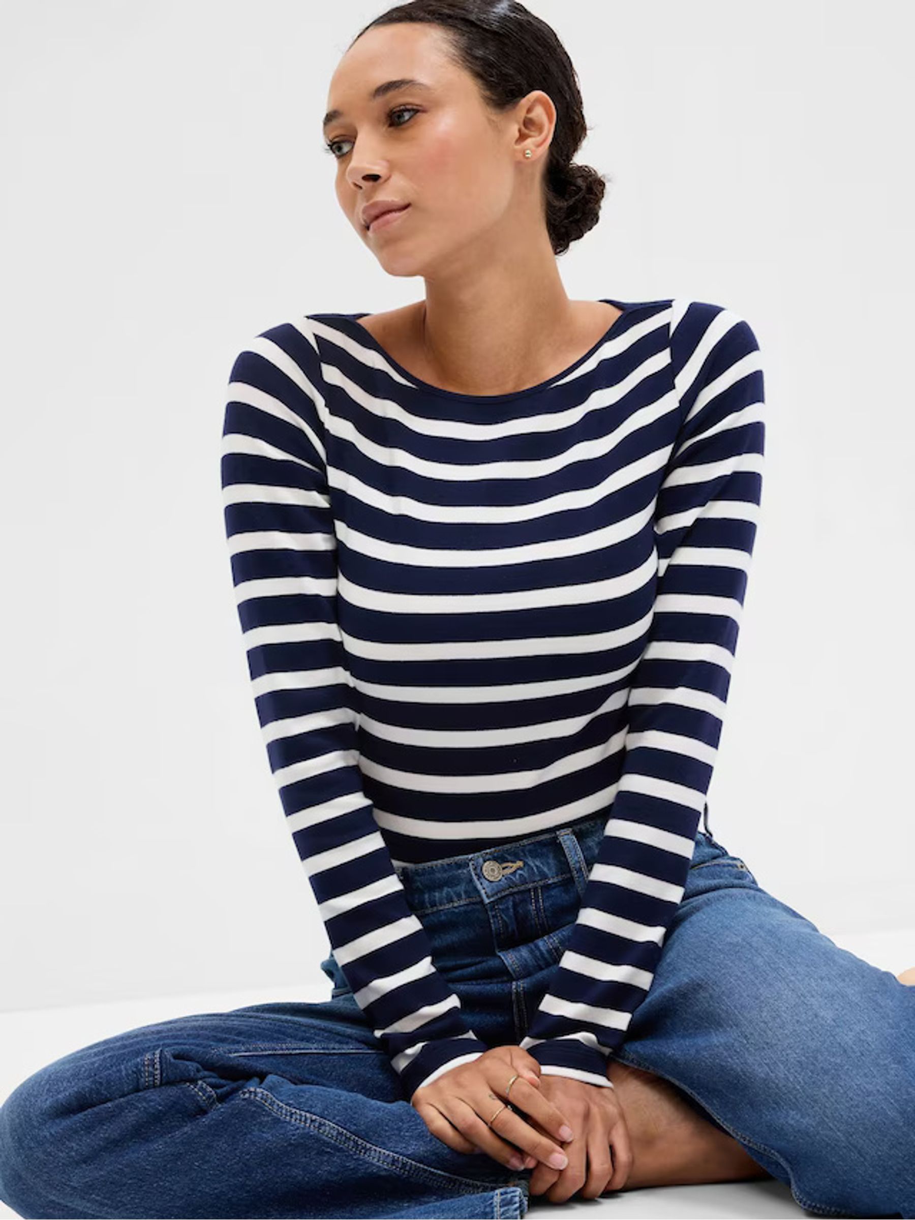 LilyCoco Women's Striped Long Sleeve Boat Neck Top - Nautical Breton Tee, Loose Fit (Royal Blue Stripe)