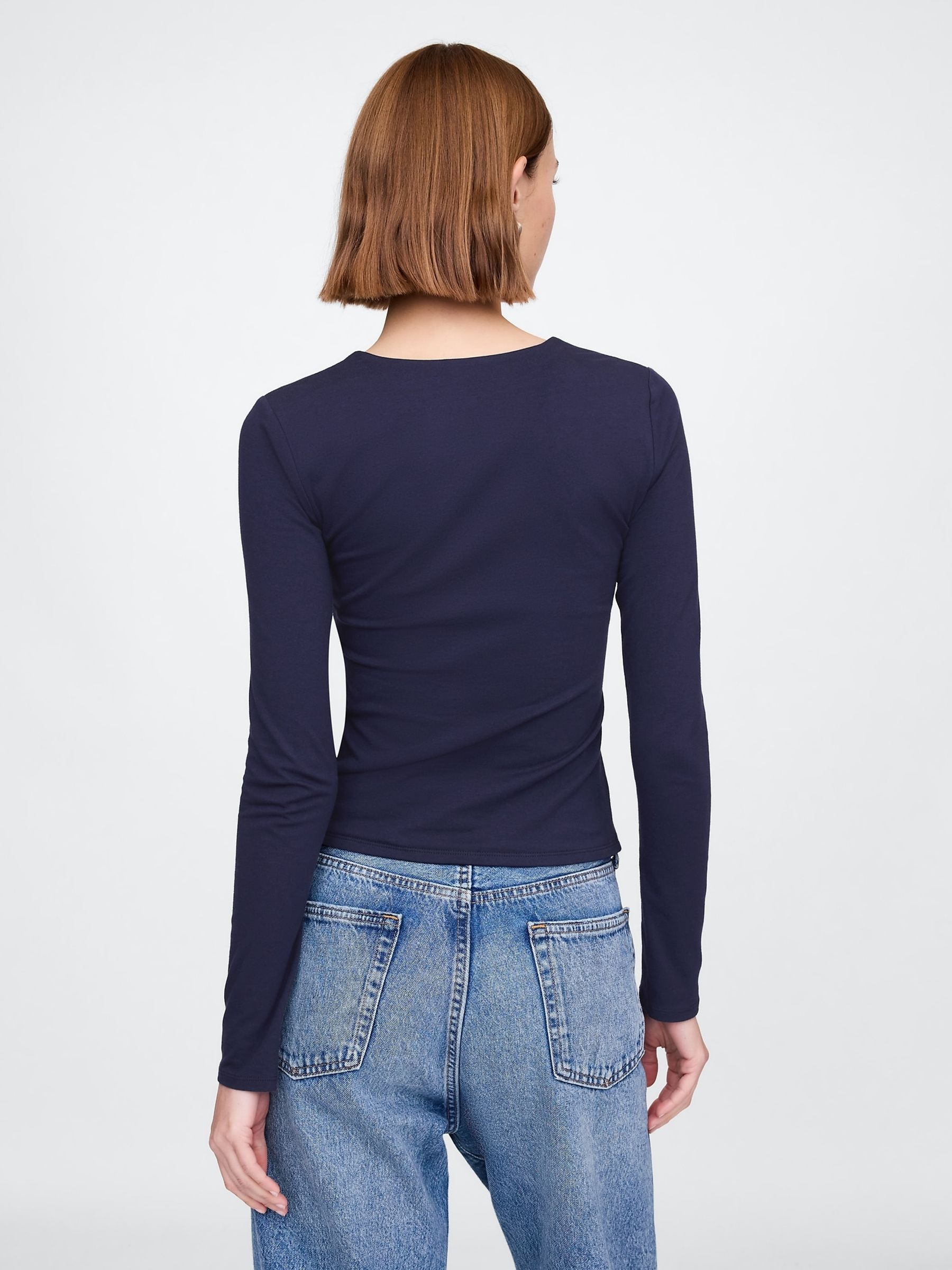 Navy Blue Square Neck Long Sleeve Top - Image 2 of 4