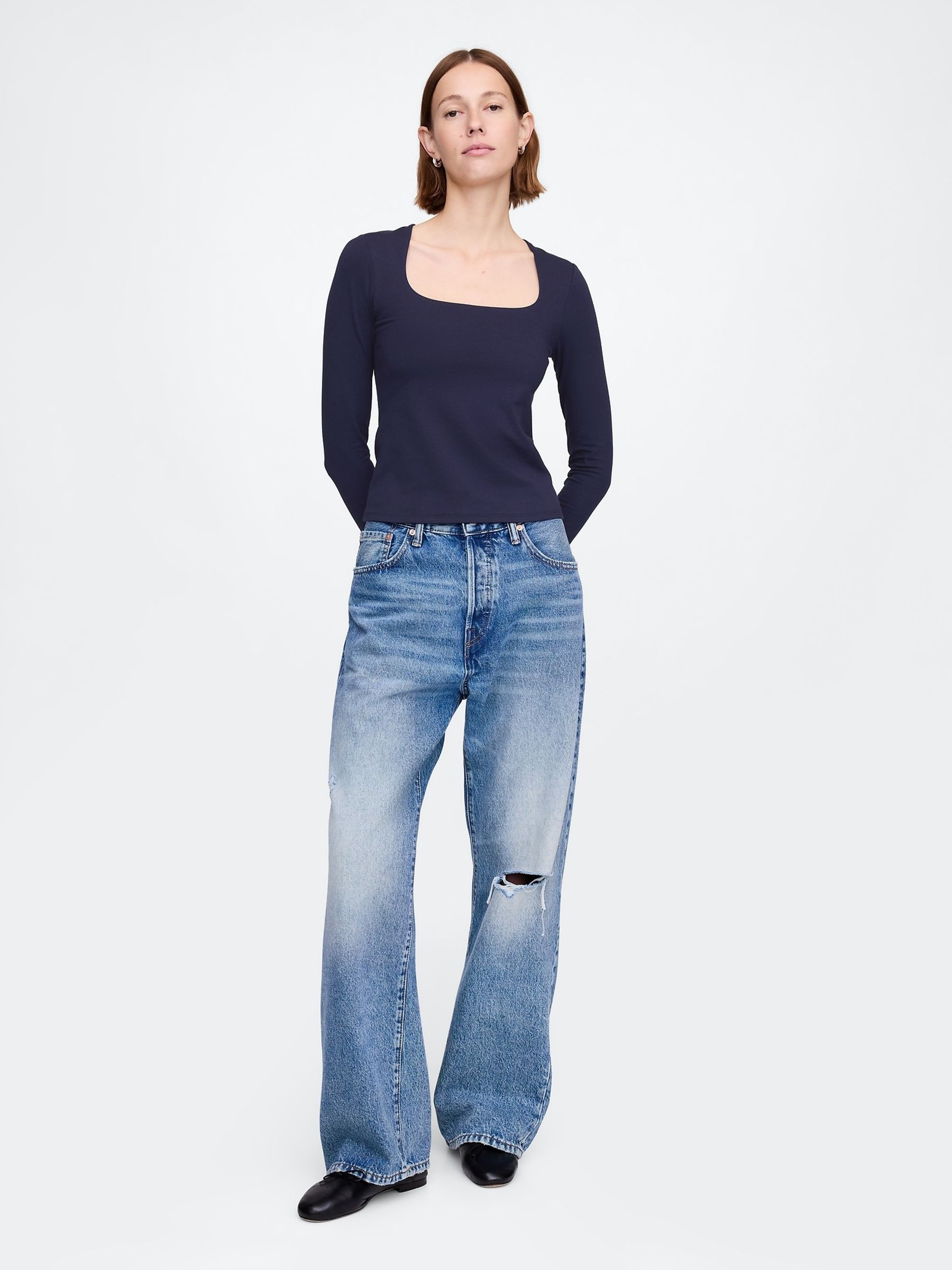 Navy Blue Square Neck Long Sleeve Top - Image 3 of 4