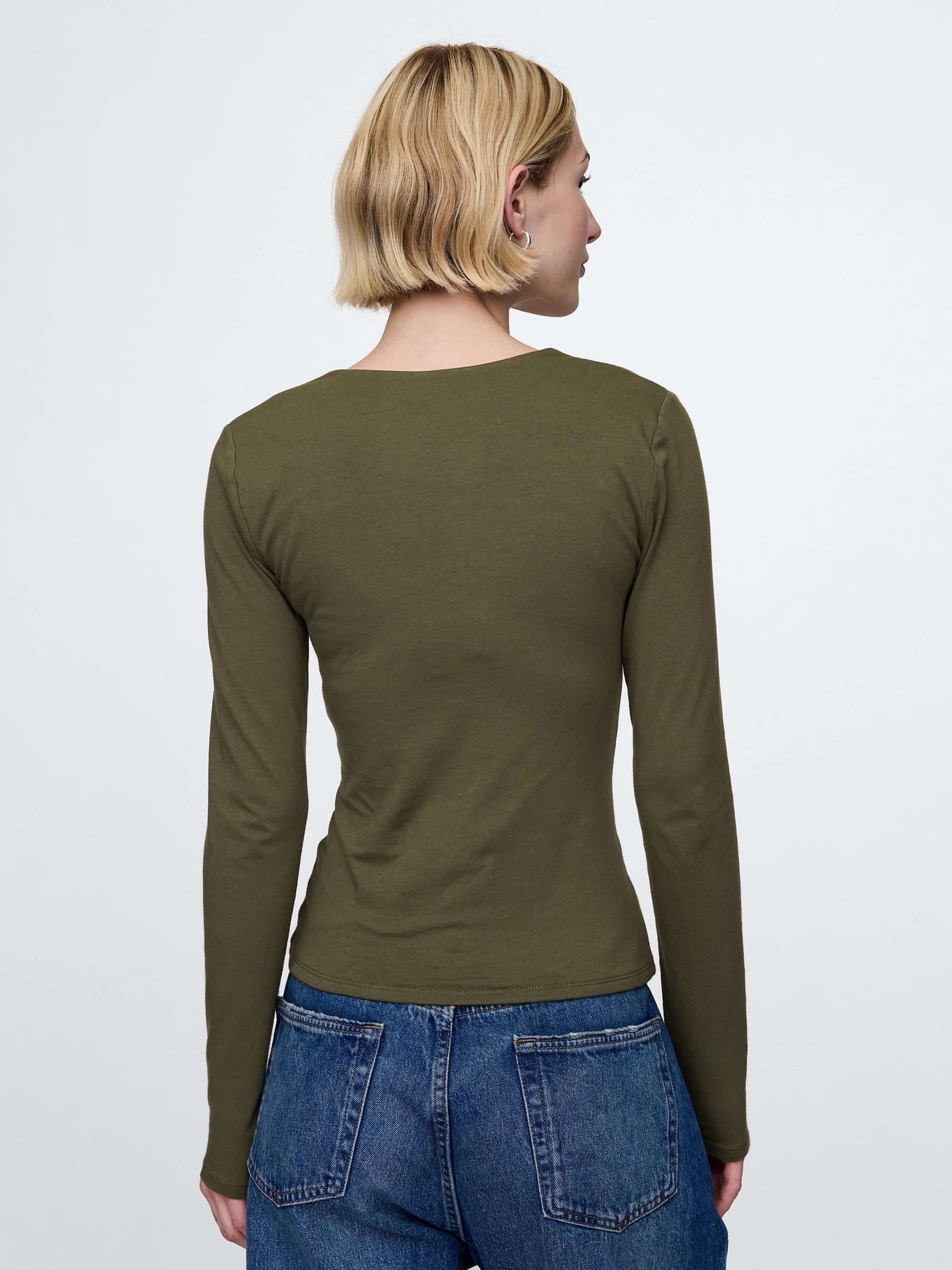 Khaki Green Square Neck Long Sleeve Top - Image 2 of 5