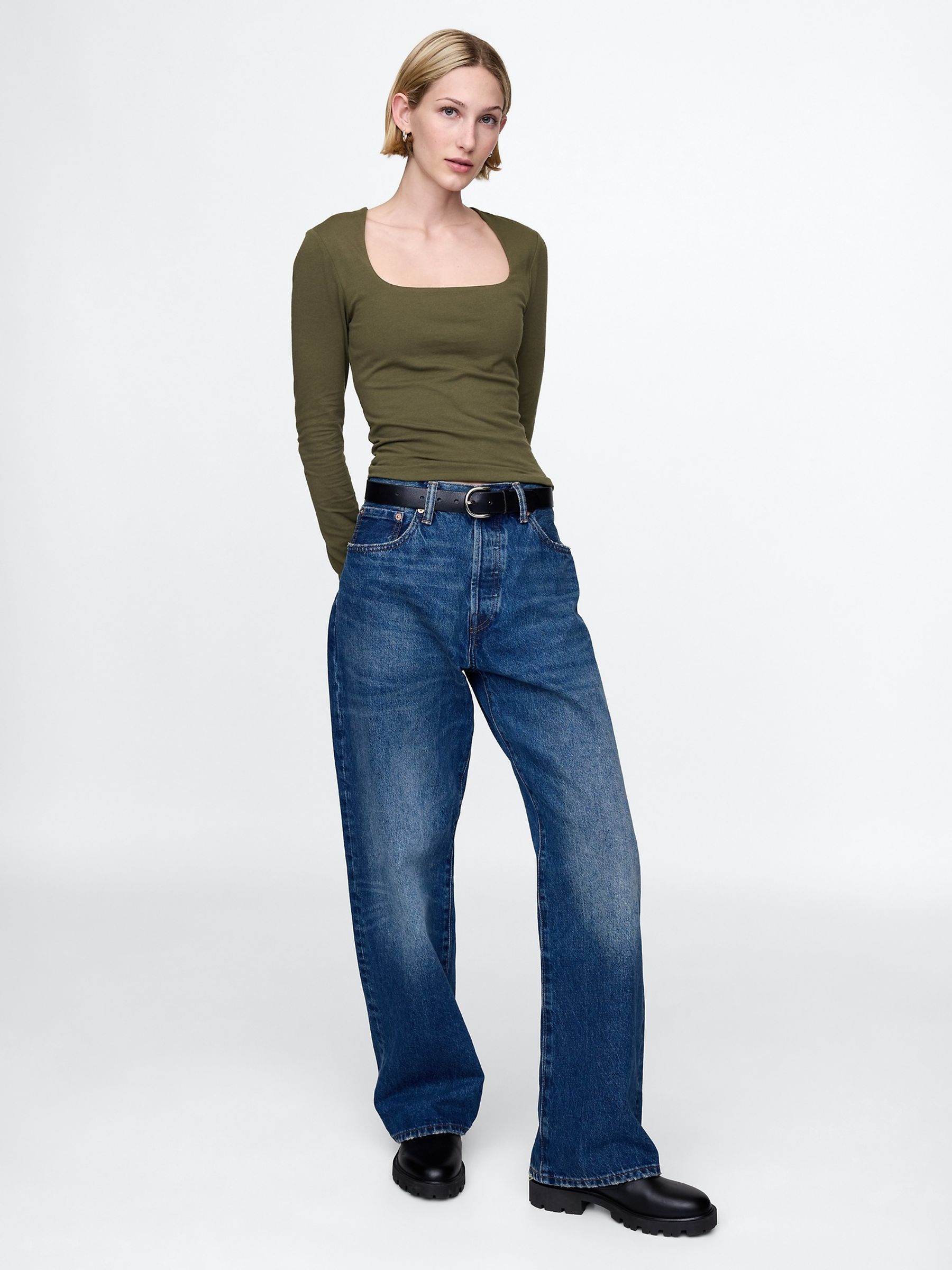 Khaki Green Square Neck Long Sleeve Top - Image 3 of 5