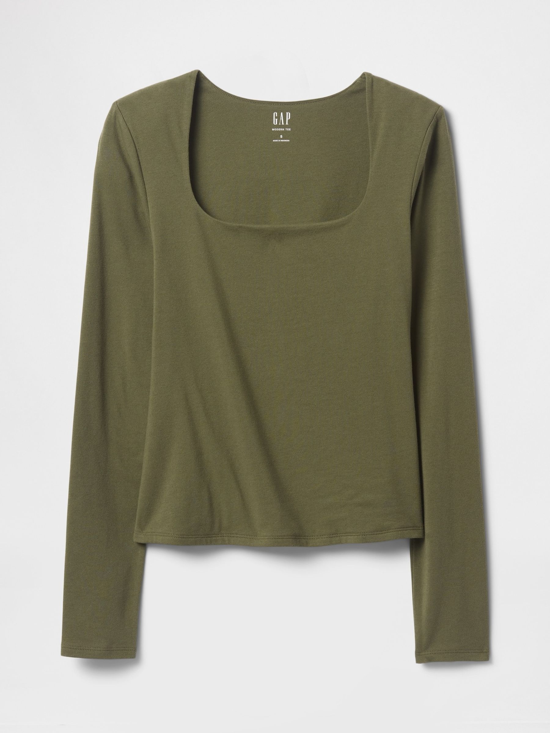 Khaki Green Square Neck Long Sleeve Top - Image 5 of 5