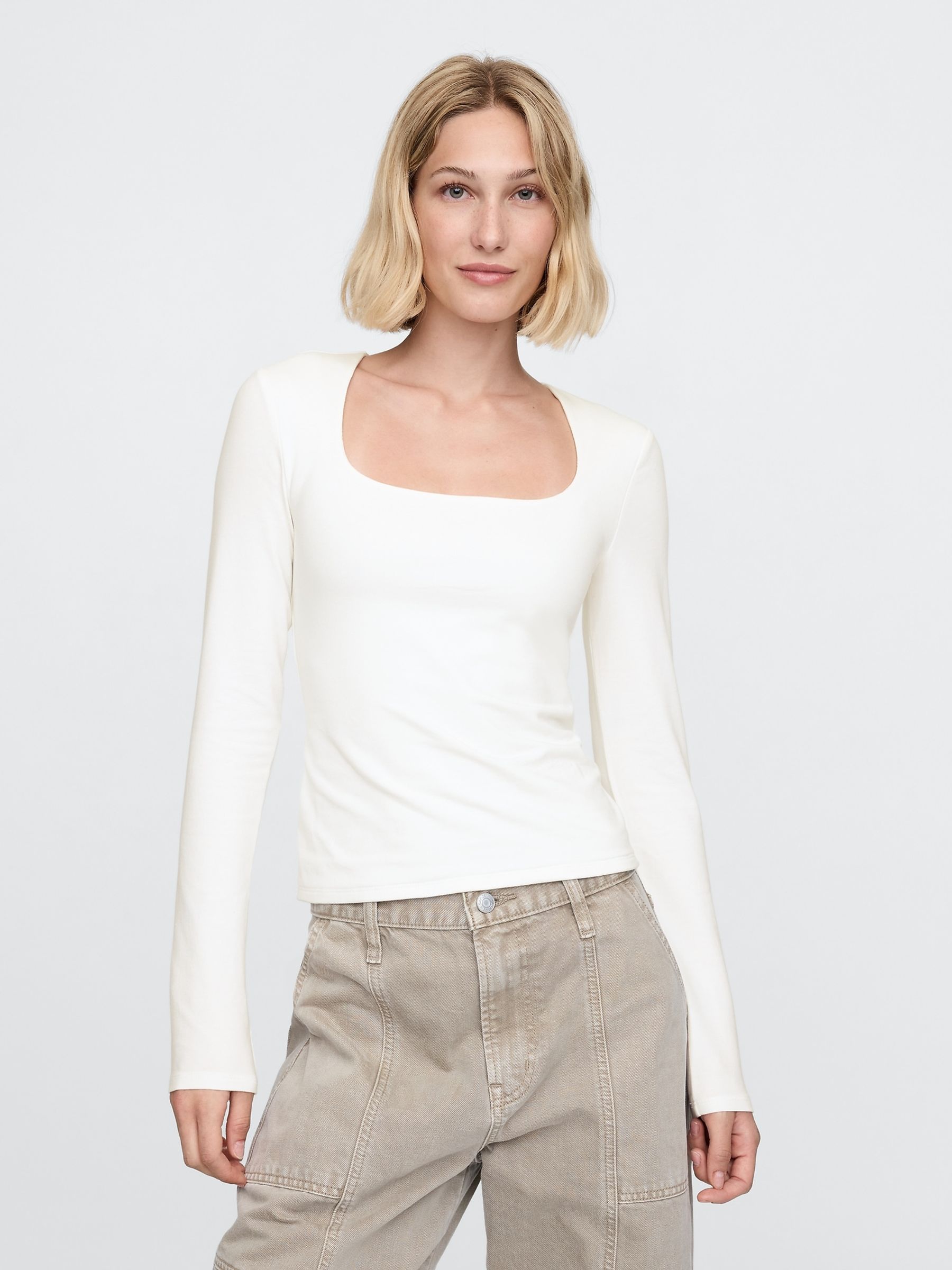 White Square Neck Long Sleeve Top - Image 1 of 4