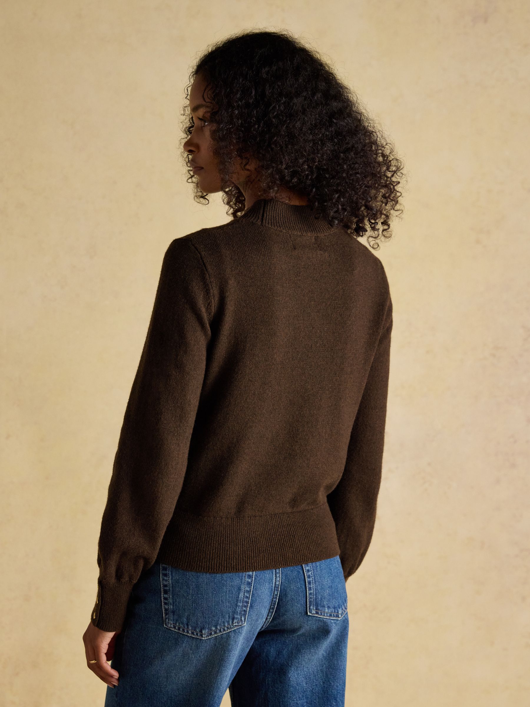Enid Chocolate Brown Cotton-Rich High Neck Jumper - Image 2 of 9