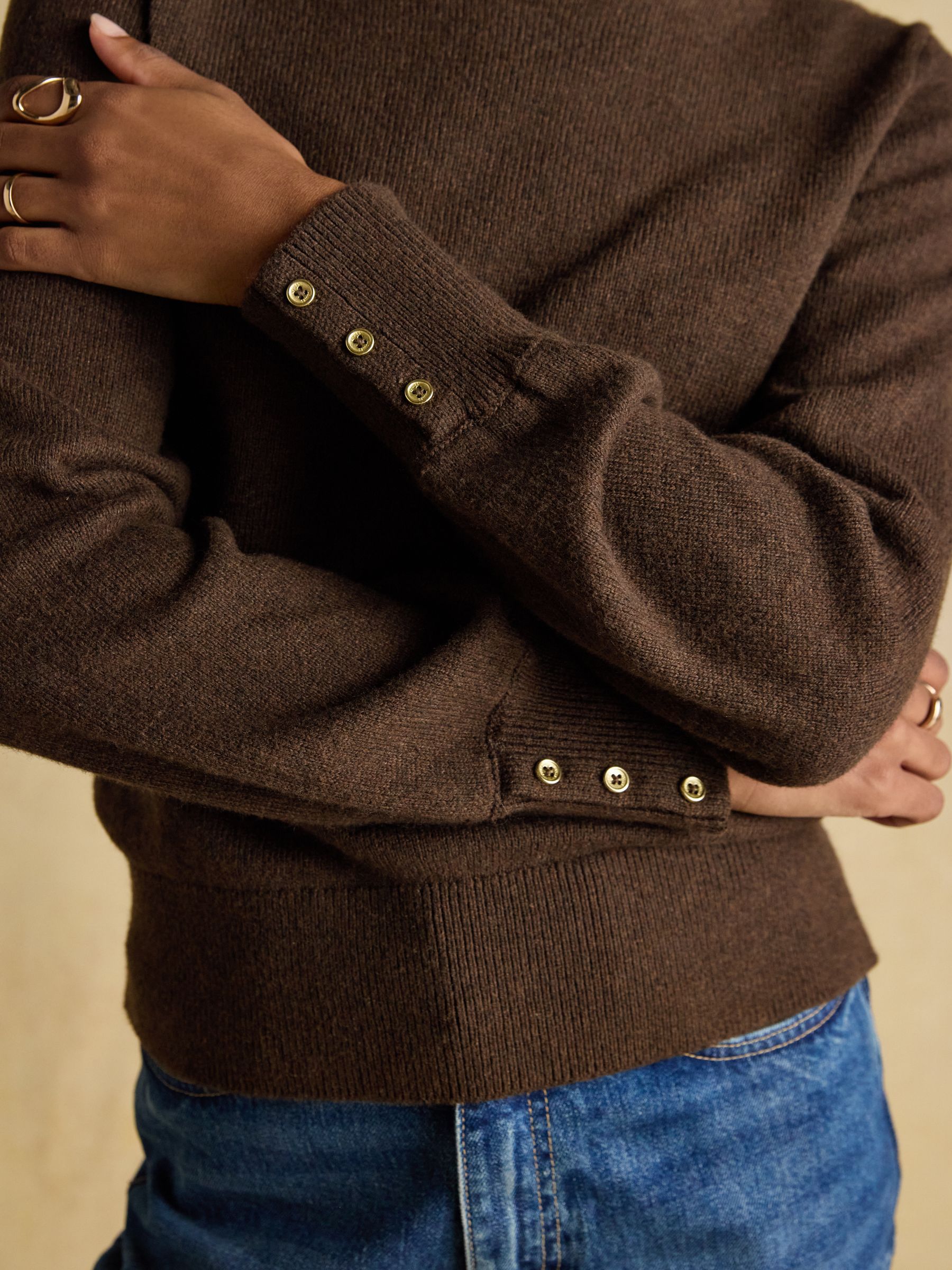 Enid Chocolate Brown Cotton-Rich High Neck Jumper - Image 4 of 9