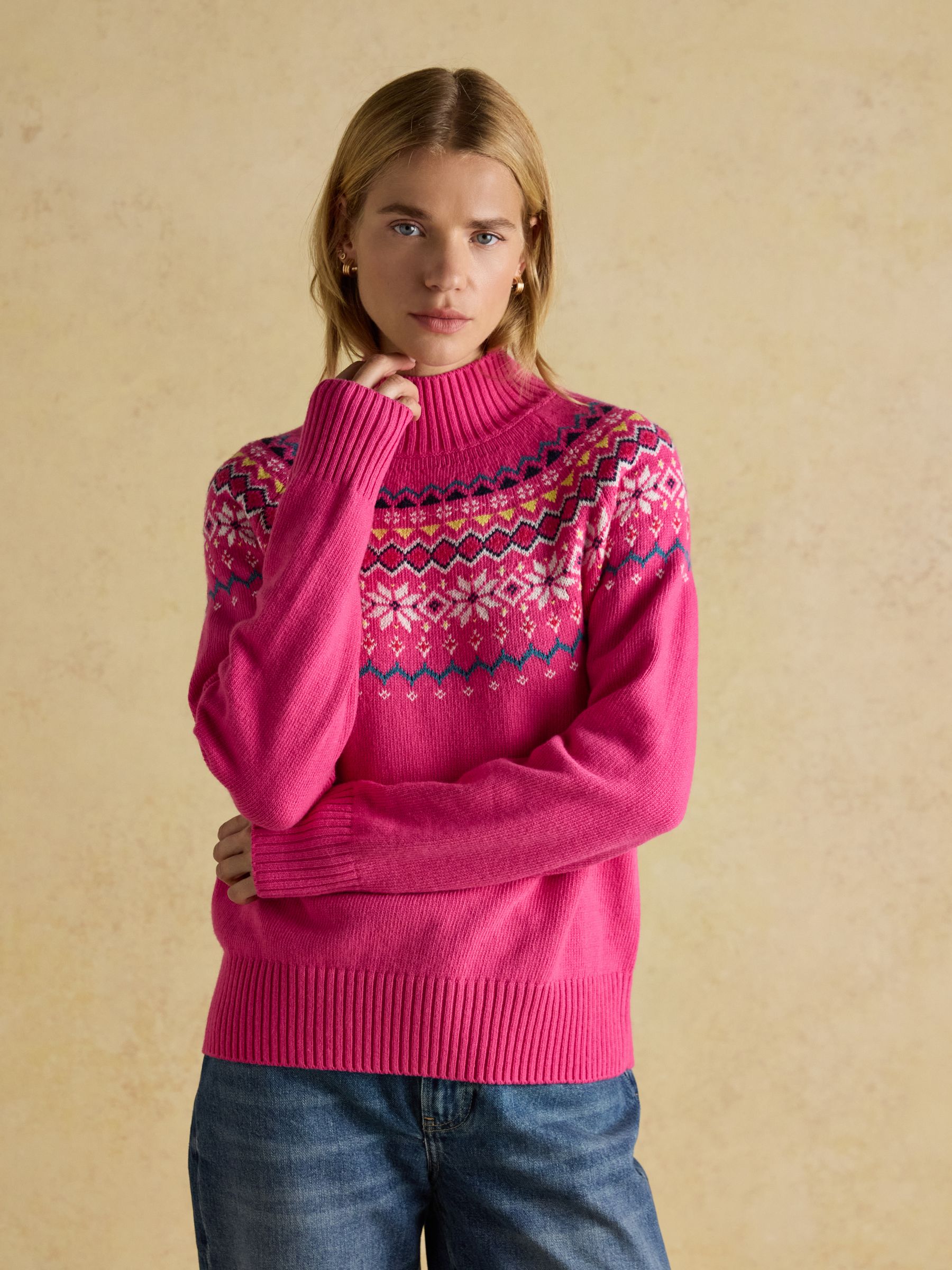Alba Pink Fair Isle High Neck Cotton-Blend Jumper - Image 1 of 8 Alba Pink Fair Isle High Neck Cotton-Blend Jumper - Image 1 of 8