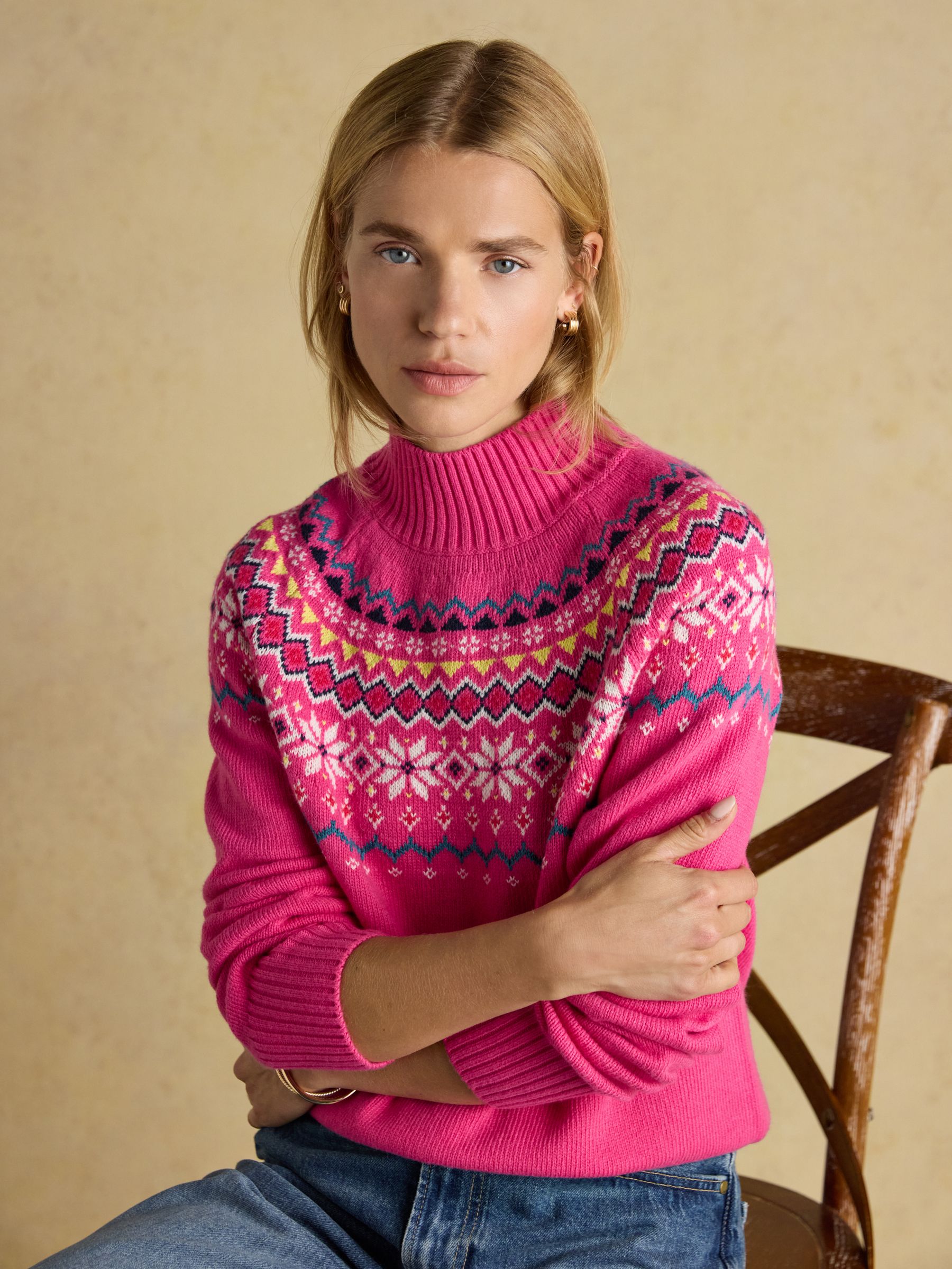 Alba Pink Fair Isle High Neck Cotton-Blend Jumper - Image 4 of 8