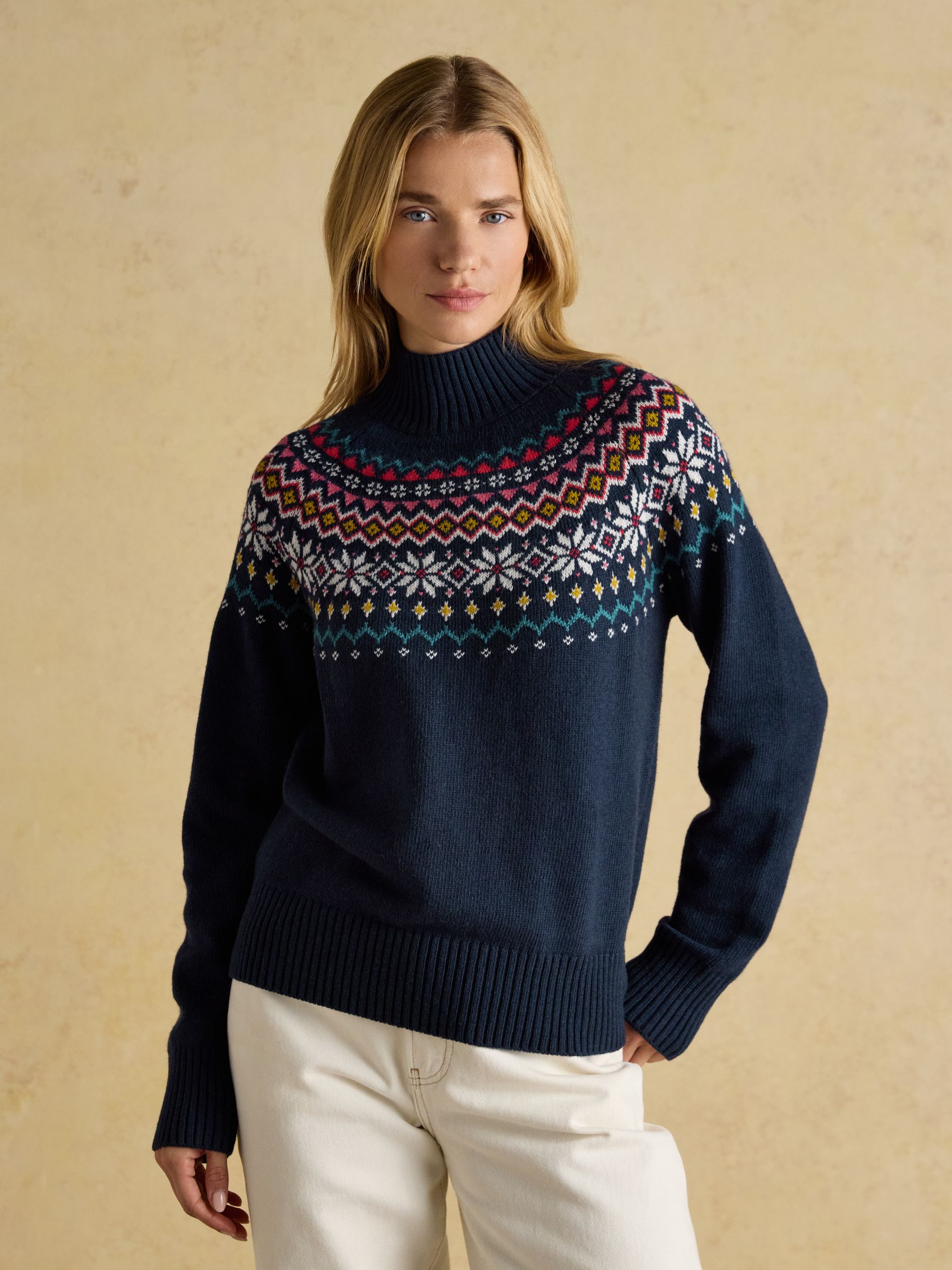 Alba Navy Fair Isle High Neck Cotton-Blend Jumper - Image 1 of 7